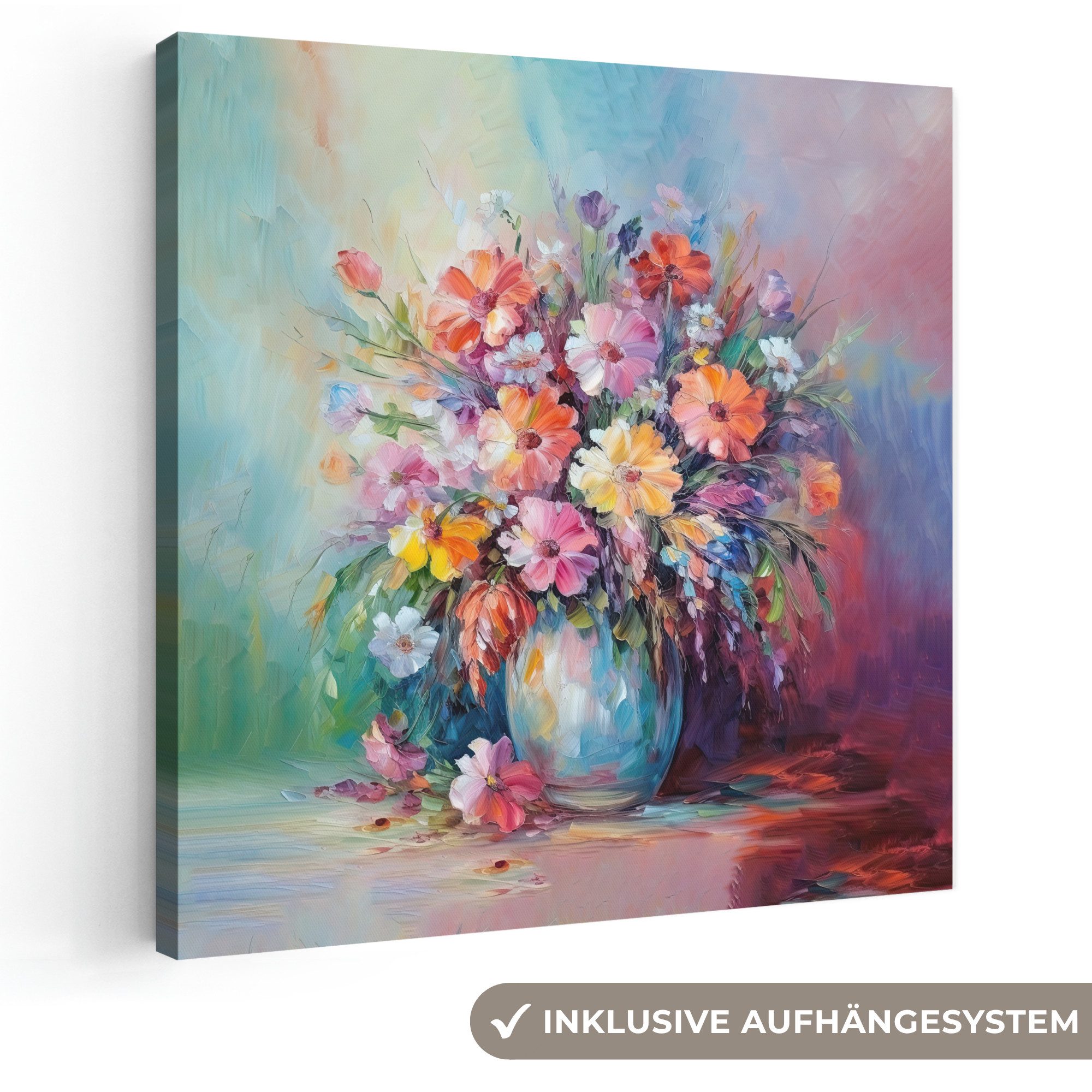 OneMillionCanvasses® Leinwandbild Blumen - Kunst - Malerei - Frühling - Blumenstrauß, Fotodruck (1 St), Wandbild, Deko Schlafzimmer Wohnzimmer Flur 20x20 cm