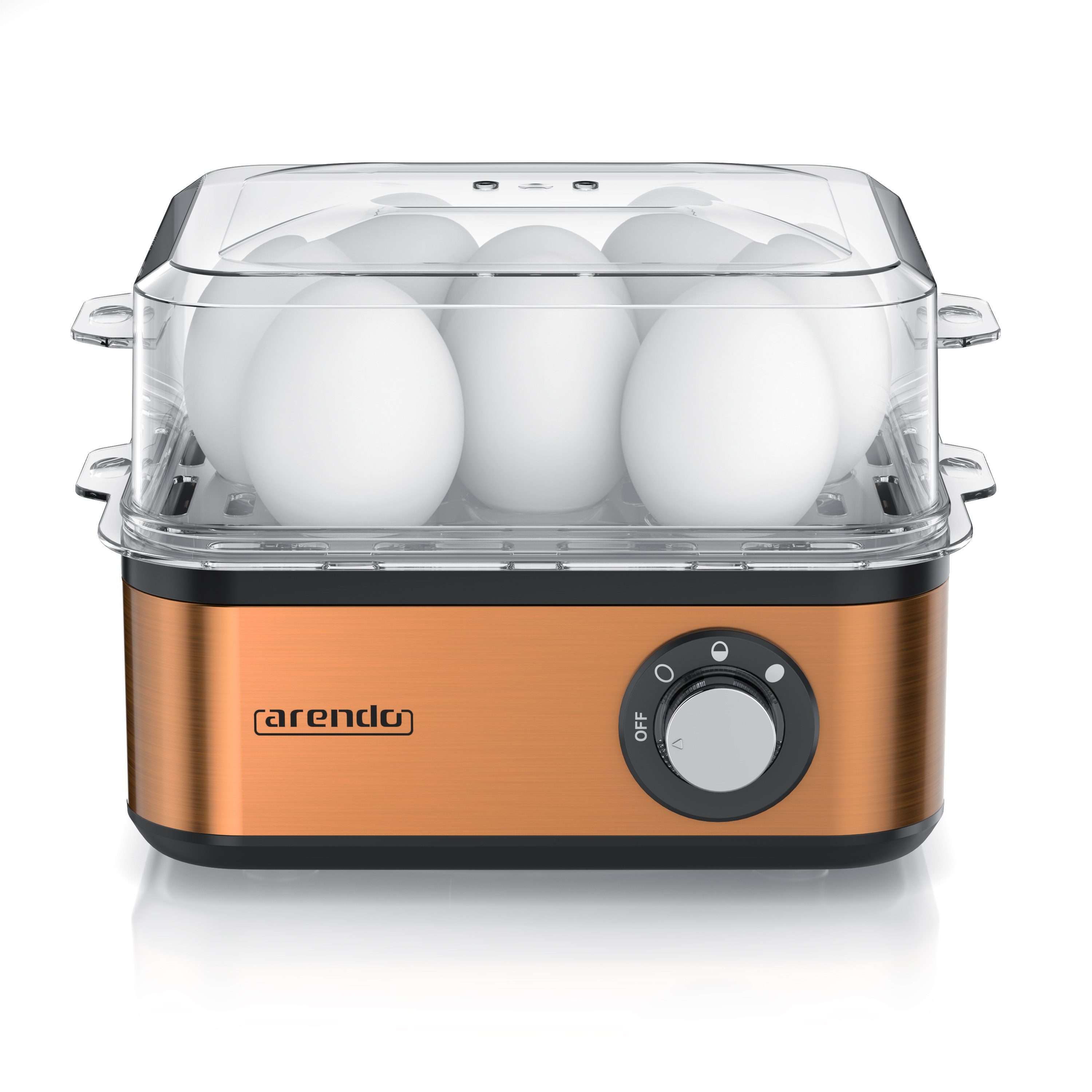 Arendo Eierkocher 8-fach, Edelstahl, frei wählbarer Härtegrad, mit Warmhaltefunktion, Anzahl Eier: 8 St., 500 W, für 1 bis 8 Eier, Drehregler für 3 Härtegrade, spülmaschinengeeignet