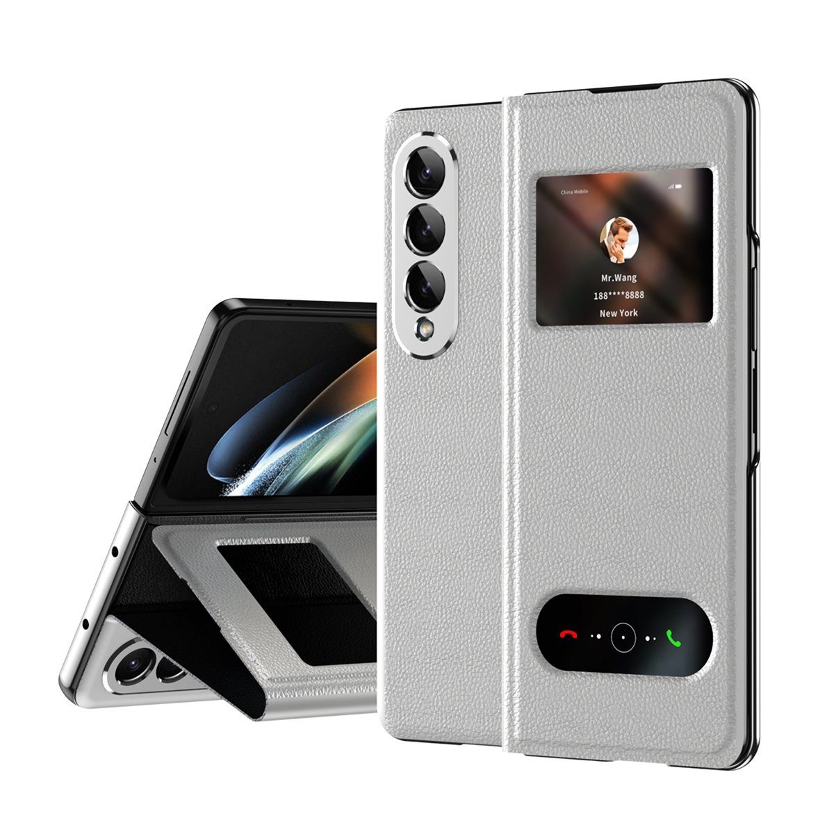 Wigento Handyhülle Für Samsung Galaxy Z Fold4 5G Window View Flip Cover Kunstleder Handy Tasche Hülle Etuis Weiß