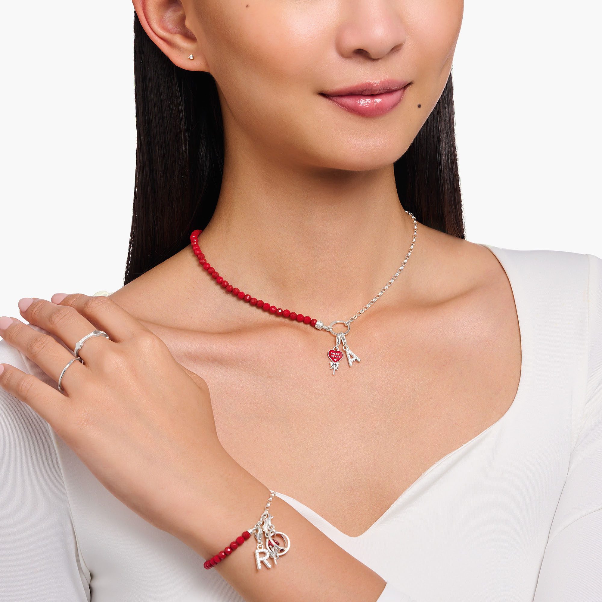 THOMAS SABO Charm-Kette rote Beads und Gliederelemente, mit Koralle rekonstruiert