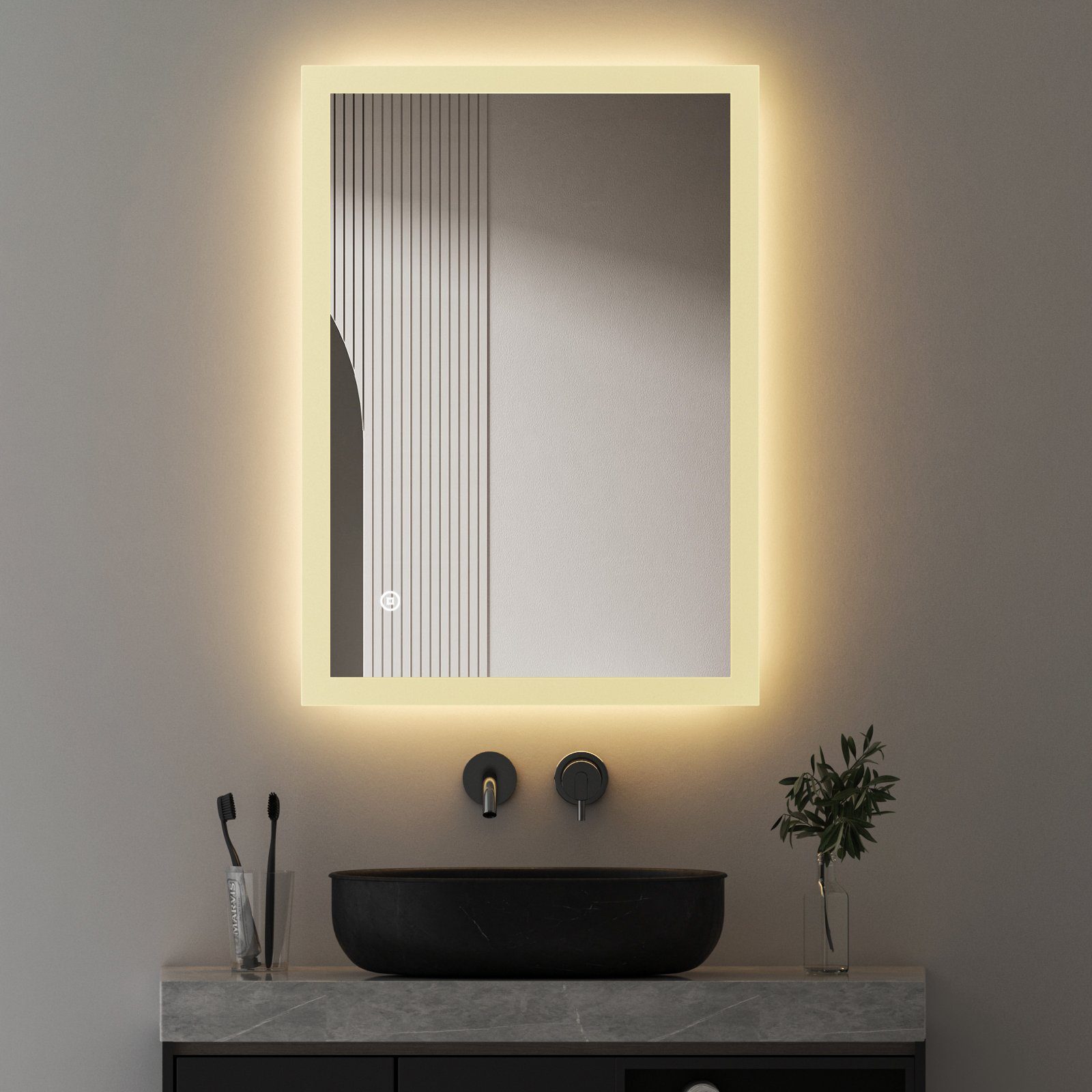 WDWRITTI Spiegel Bad mit Warmweiß beleuchtung Badspiegel Led Touch Uhr  Wandschalter (Badezimmerspiegel Rund Rechteckig, 3 Lichtfarben, Helligkeit  einstellbar), Speicherfunktion, IP44