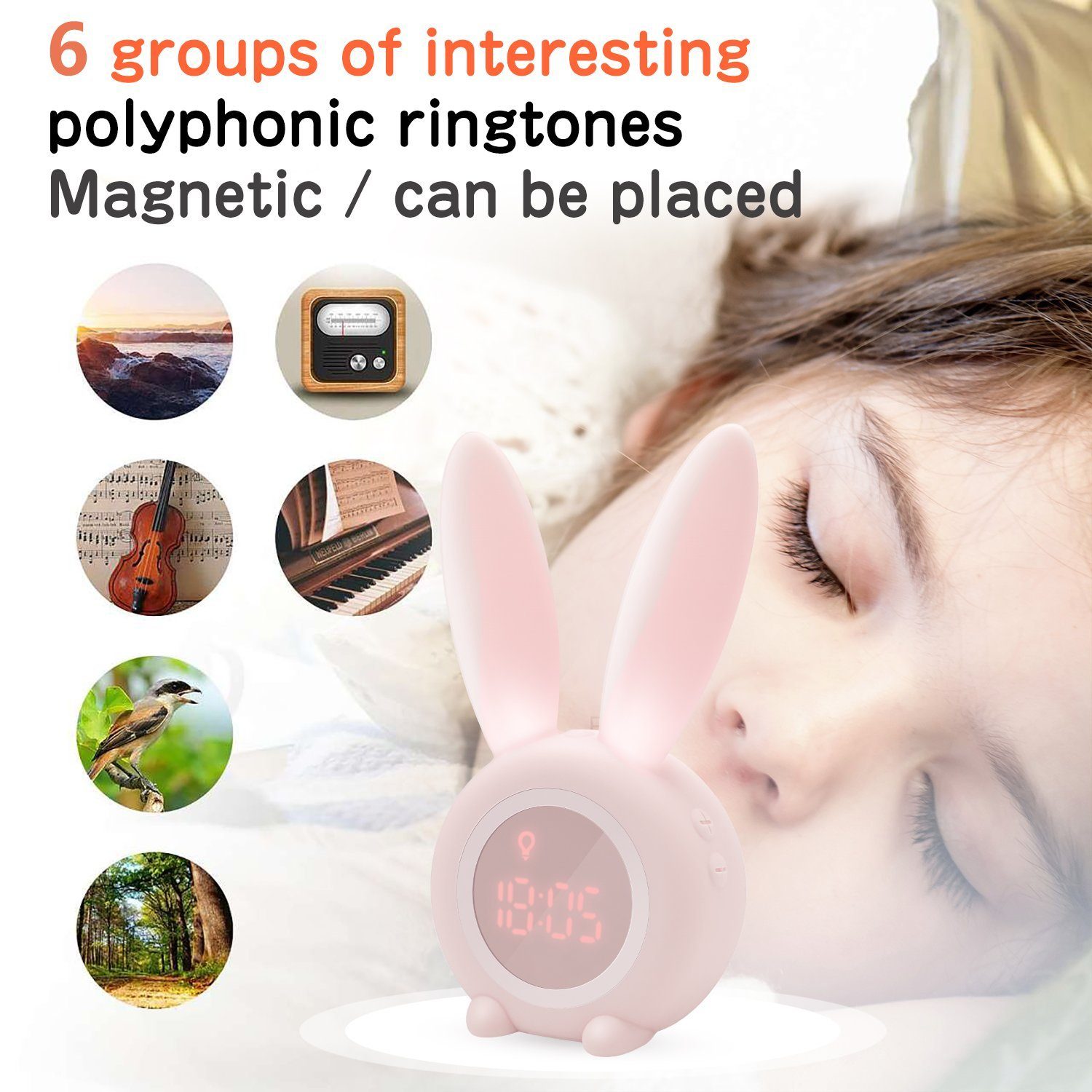 EXTSUD LED Nachtlicht Kinder Lichtwecker Cute Rabbit Kinderwecker, Creative Nachttischlampe Snooze-Funktion zeitgesteuertes Nachtlicht – Bild 5 von 5
