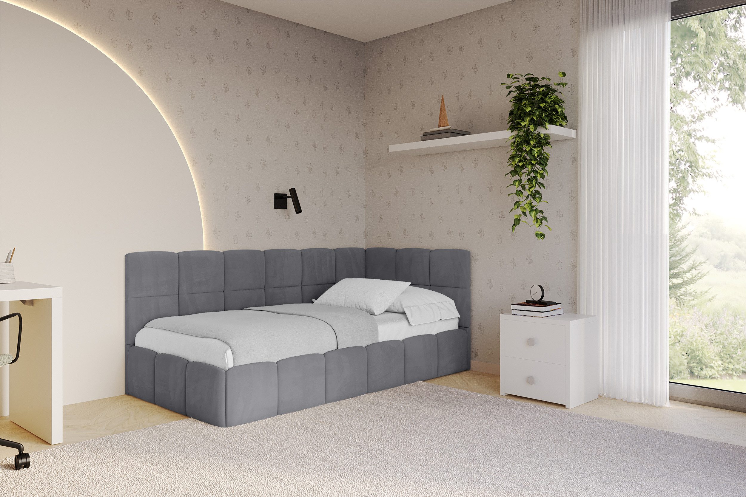ALTDECOR Jugendbett LIVY (Jugendbett mit Bettkasten und Lattenrost, Polsterbett mit Matratze), Einzelbett mit Stauraum, Bett mit Kopfteil