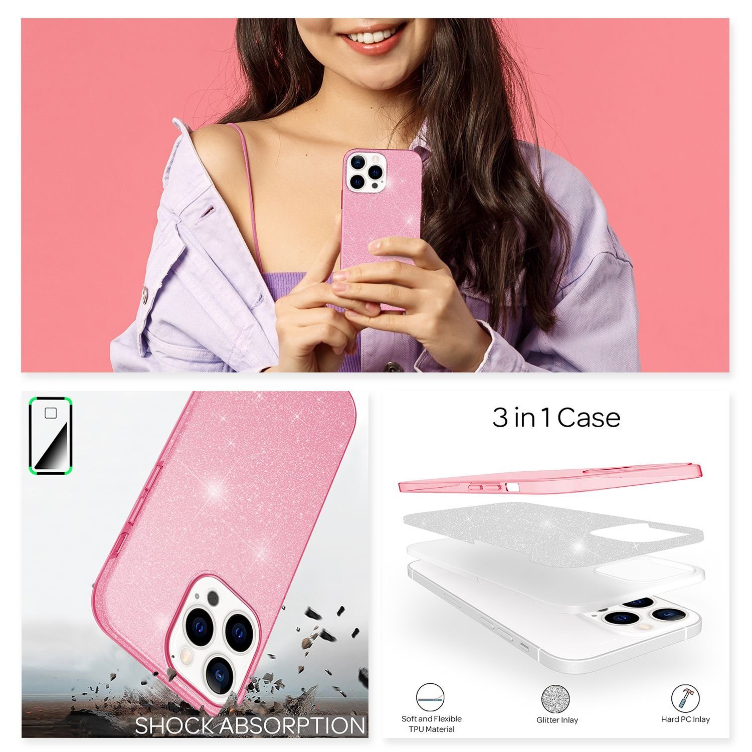 Nalia Smartphone-Hülle Apple iPhone 13 Pro 15,5 cm (6,1 Zoll), Glitzer Silikon Hülle / Verstärkte Innenseite / Glänzende Schutzhülle