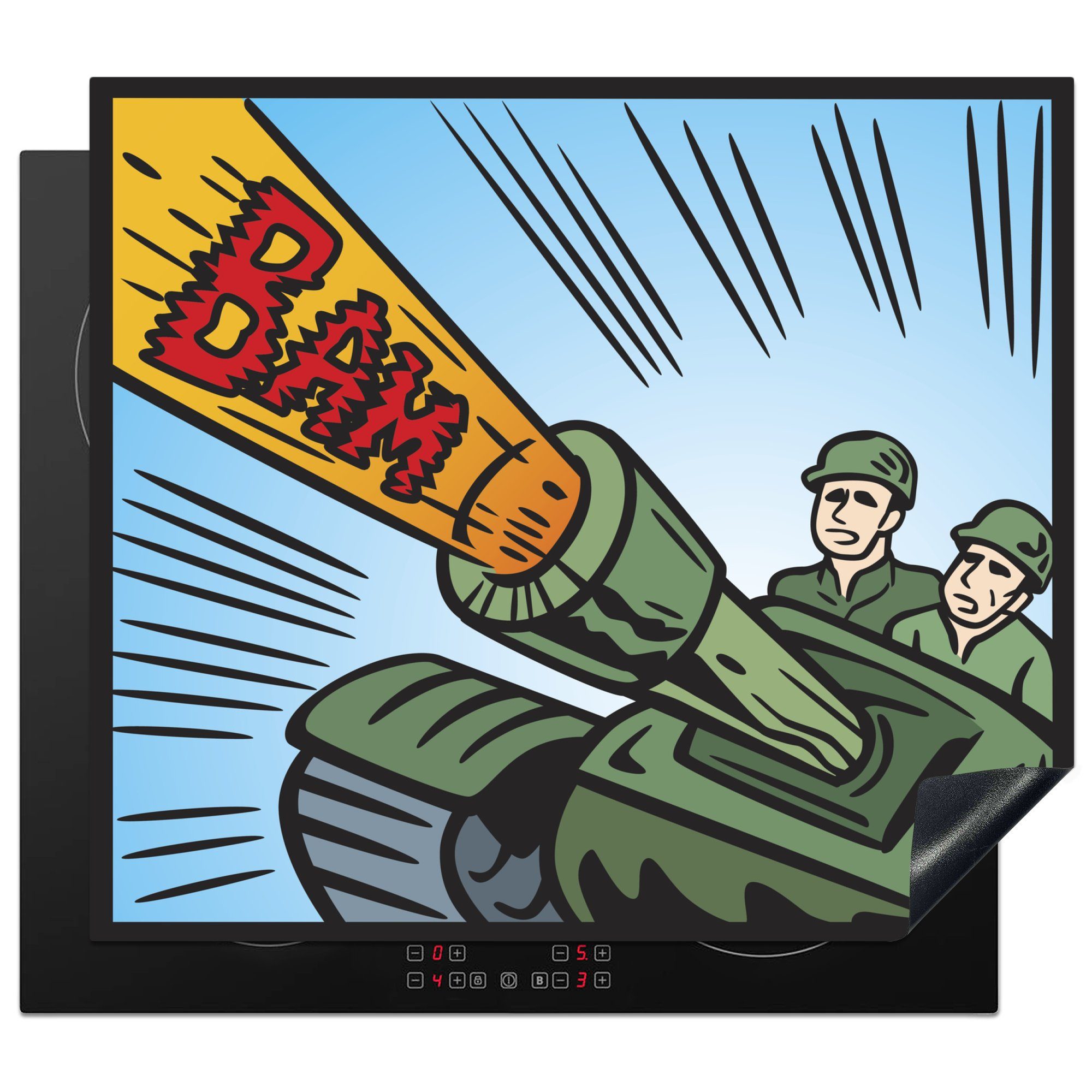 MuchoWow Herdblende-/Abdeckplatte Eine Illustration von Soldaten in einem Panzer, Vinyl, (1 tlg), 57x51 cm, Induktionsschutz, Induktionskochfeld, Ceranfeldabdeckung