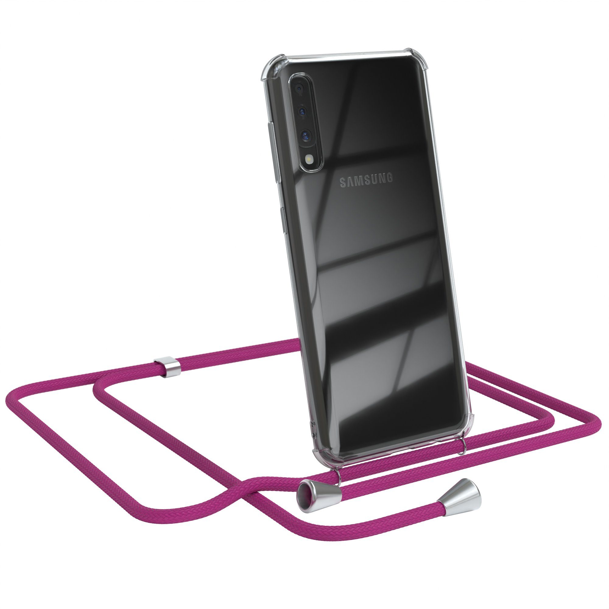 EAZY CASE Handykette Hülle mit Kette für Galaxy A50 / A50s / A30s 6,4 Zoll, Handykordel Slimcover mit Umhängeband zum Umhängen Pink / Clip Silber
