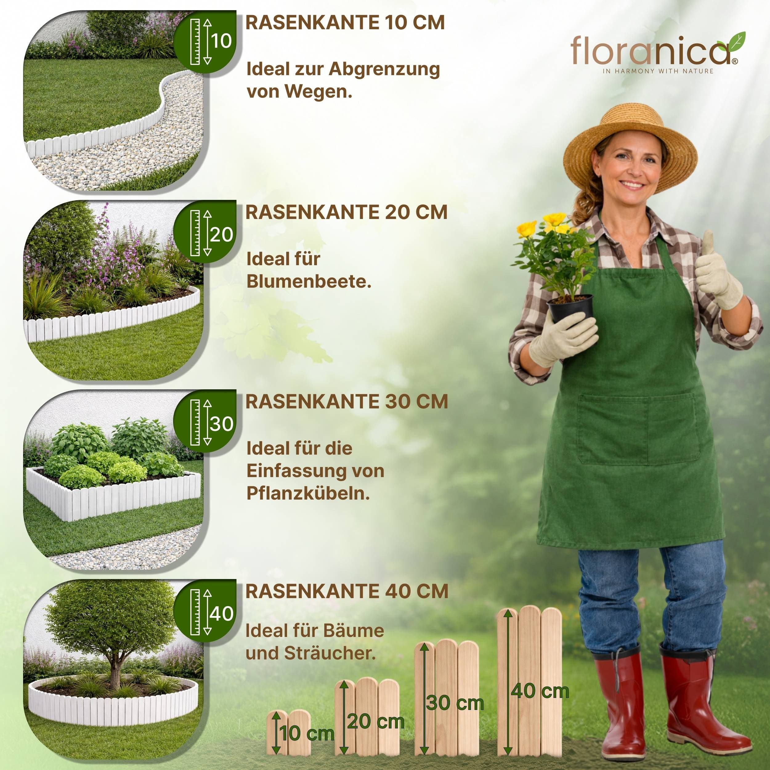 Floranica Palisade Rasenkante Holz Flexible Beeteinfassung Rollborder Gartenzaun, LxH: 200x10 cm, Weiß, Umzäunung für Garten Blumenbeeten Gemüsebeeten Rosen