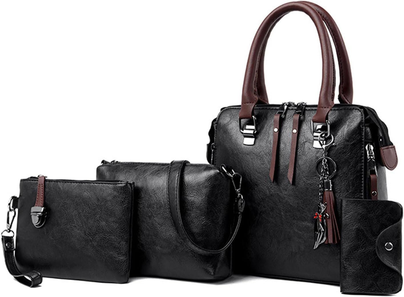 AURIVION Handtasche Damen Handtaschen Set Schwarz, Grün, Rot, Orange Shopper Tasche (Set, 4-tlg., Damen Shopper Tasche Set Geschenk, stilvoll & vielseitig), Elegante Schultertasche Umhängetasche mit Geldbörse Set