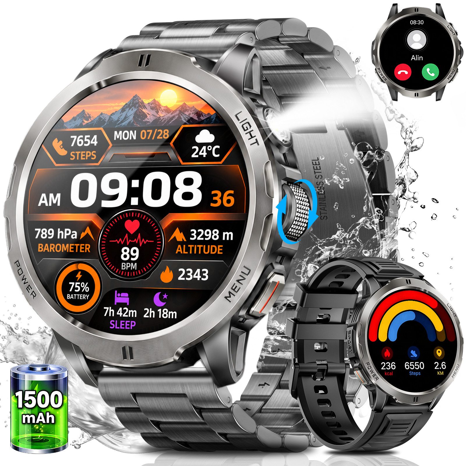 Whraills 2026 Herren Militär-Smartwatch mit 1,85" AMOLED und 75 Tagen Standby Smartwatch, Herren-Fitnessuhr, mit IP68+5ATM, 24/7 Herzfrequenz, SpO₂, Blutdruck & Schlafanalyse