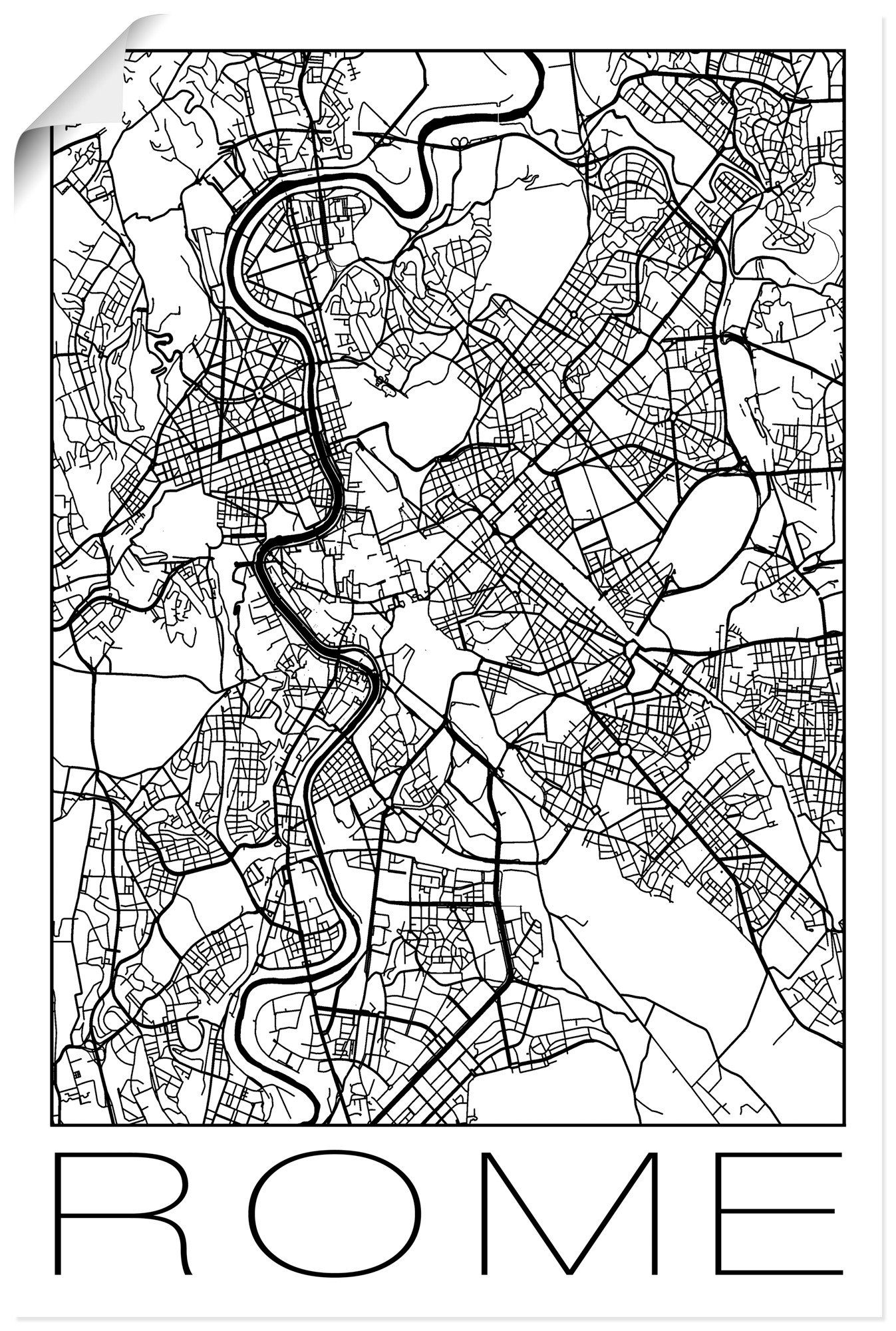 Artland Poster Retro Karte Rom Italien Schwarz & Weiß, Italien (1 St), ohne Rahmen