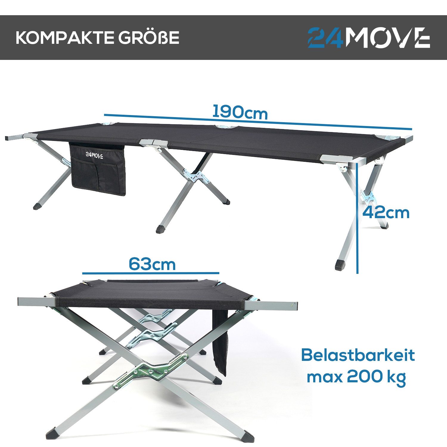 24Move Feldbett Feldbett, Gartenliege, Campingbett bis 180 kg, klappbar, zelten (schwarz, wasserabweisend, inkl. Seitentasche, 190 cm x 63 cm x 42 cm, inkl. Tragetasche für einfachen Transport)