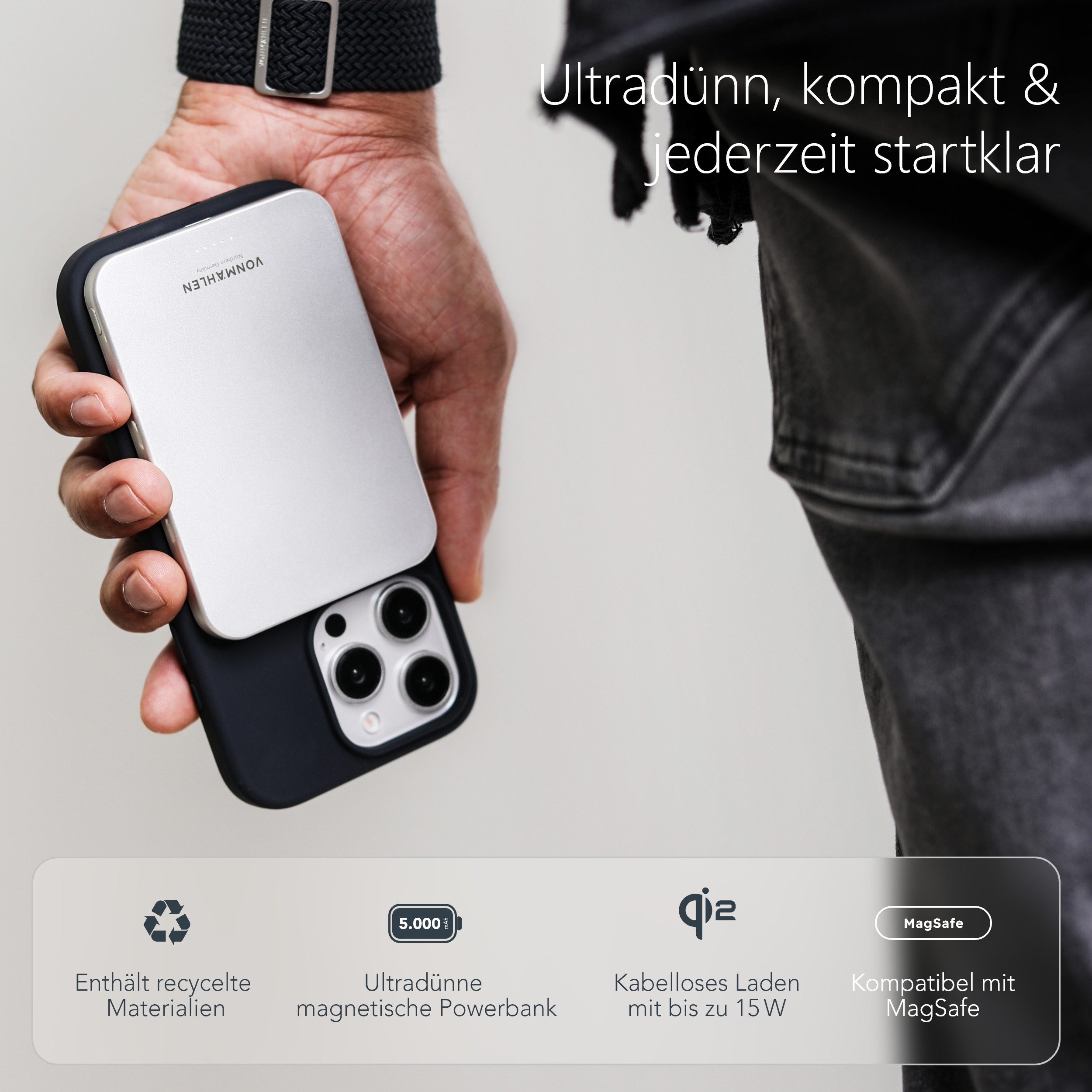 VONMÄHLEN Evergreen Mag Powerbank, ultraschlanke, magnetische Powerbank, MagSafe kompatibel