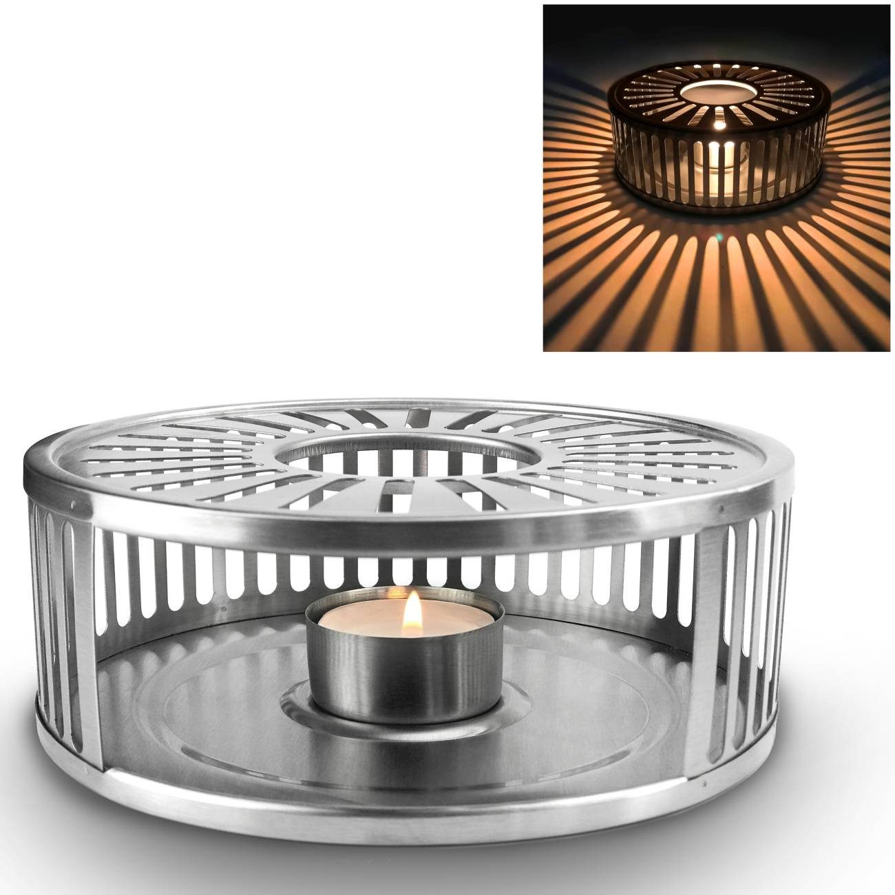 Creano Stövchen Stövchen “Stripes” Silver aus Edelstahl, (2-tlg), Teewärmer aus Edelstahl, stabil, sämtliche Teekannen geeignet