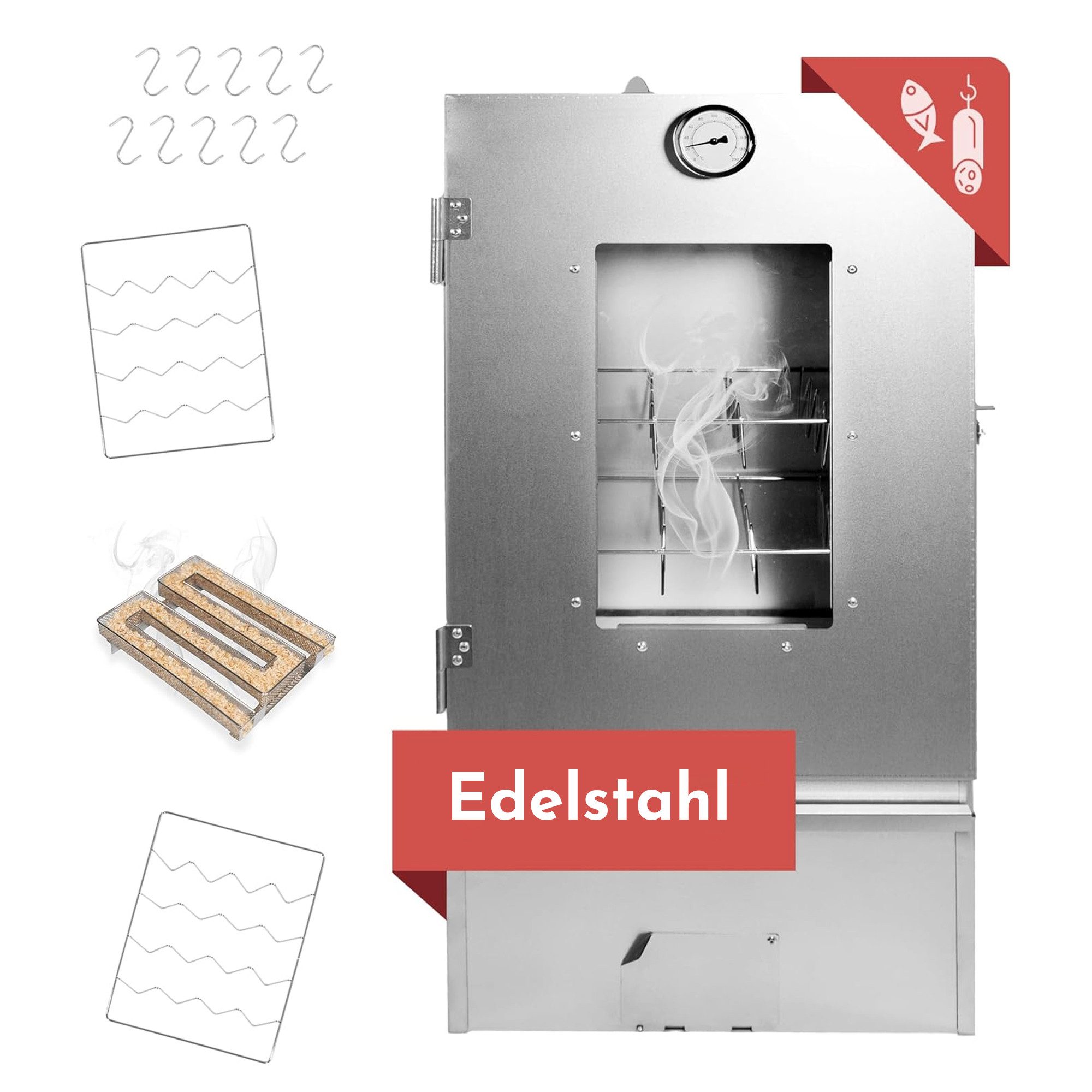 Lemodo Räucherofen aus Edelstahl, Räucherschrank 80cm mit Zubehör