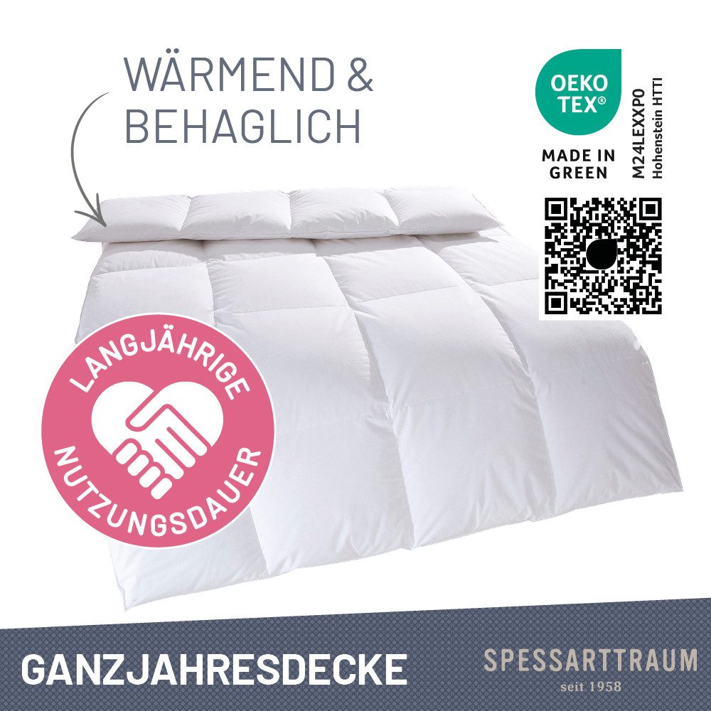 SPESSARTTRAUM Gänsedaunenbettdecke Premium****, hergestellt in Deutschland, Bettdecken für Sommer, Winter, Füllung: 100% Gänsedaunen, Klasse 1, Downpass zertifiziert, Bezug: 100% Baumwolle, Made in Green, Hausstauballergiker geeignet, 4 Wärmeklassen & 5 Größen, Bestseller