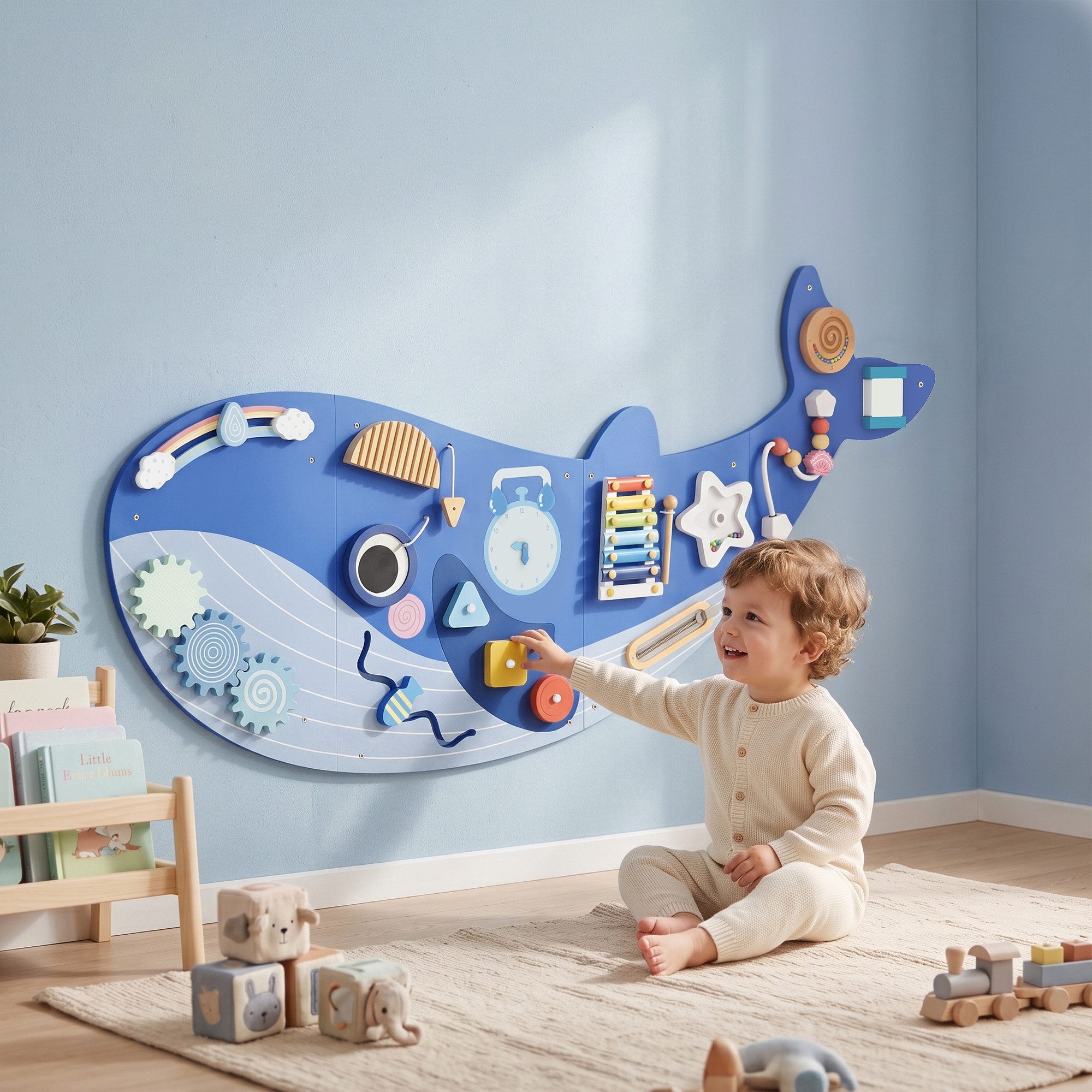 AIYAPLAY Lernspielzeug Montessori Motorikbrett 13-in-1 Holz Busy Board in Waleform Wand (mit Xylophon Uhr Zahnrädern Blöcken, 1-St., Activity Board Spielzeug), Für Kinder Mädchen ab 2 Jahr
