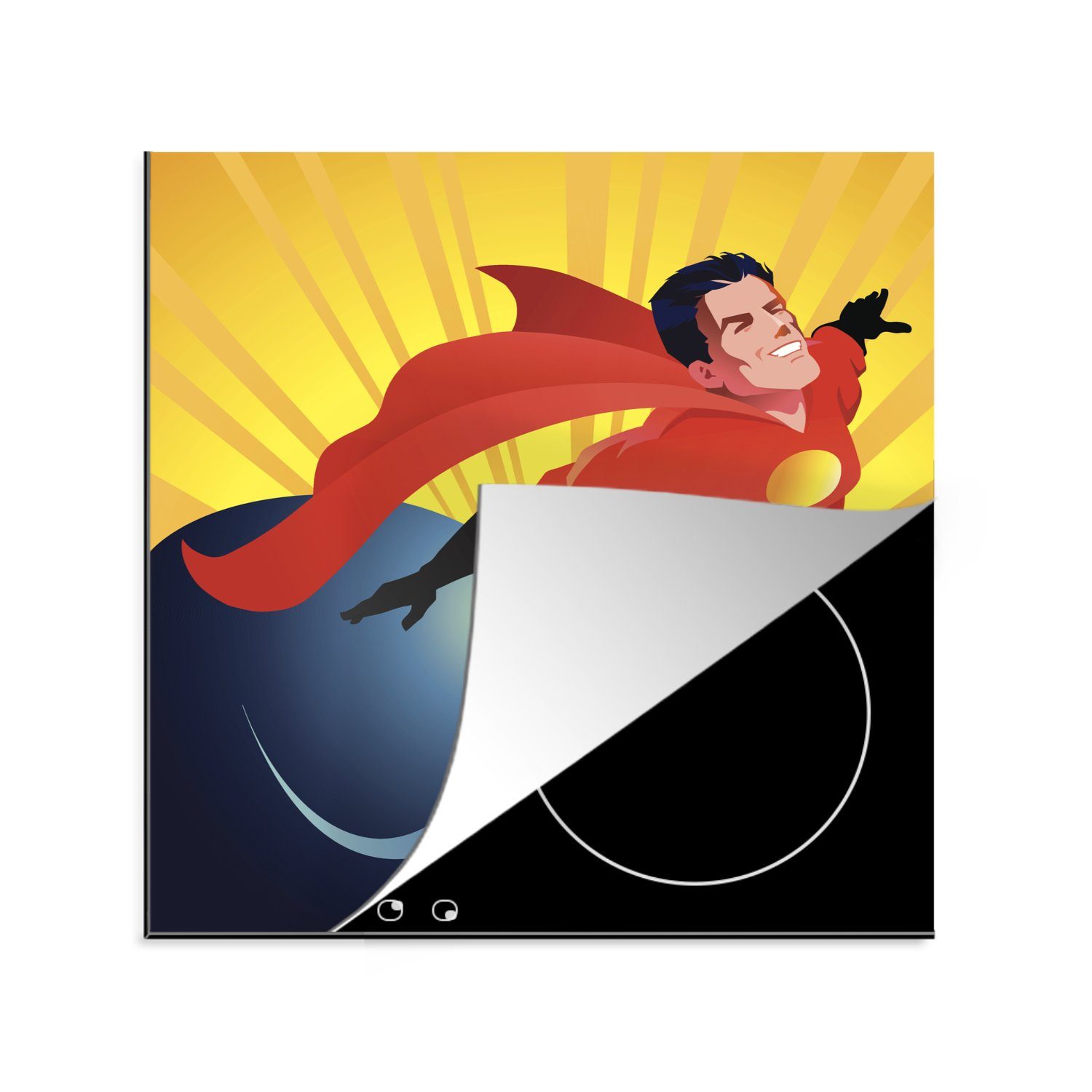 MuchoWow Herdblende-/Abdeckplatte Eine Illustration eines Superhelden, der über die Welt fliegt - Jungen, Vinyl, (1 tlg), 78x78 cm, Ceranfeldabdeckung, Arbeitsplatte für küche