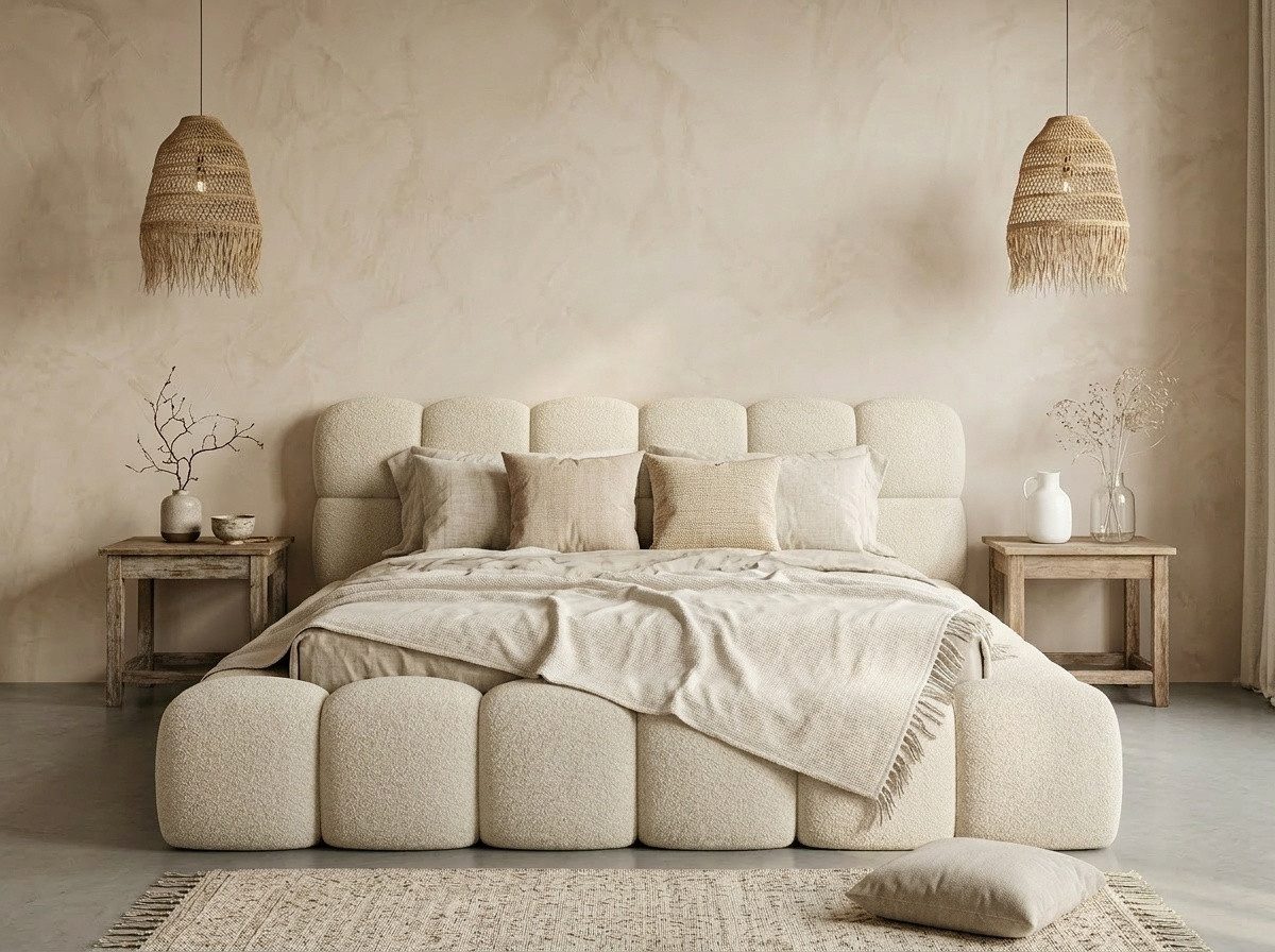 yourhouse24 Polsterbett Boston im trendigen Japandi-Stil, Bouclé / Teddy-Stoff (Wolkenbett mit Stauraum), TOPSELLER MADE IN EU