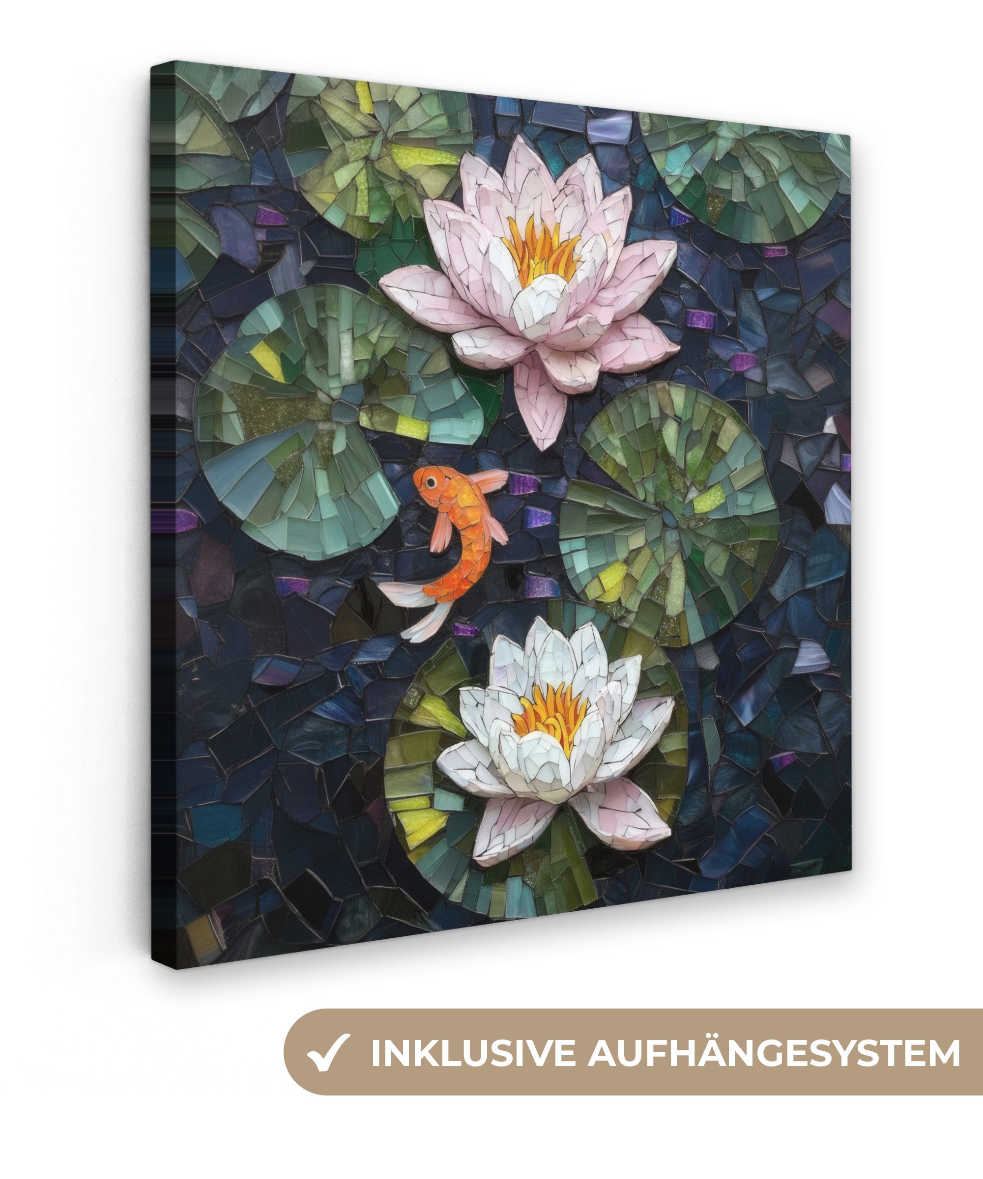 Leinwandbild Glasstücke - Lilienblätter - Fische - Orange