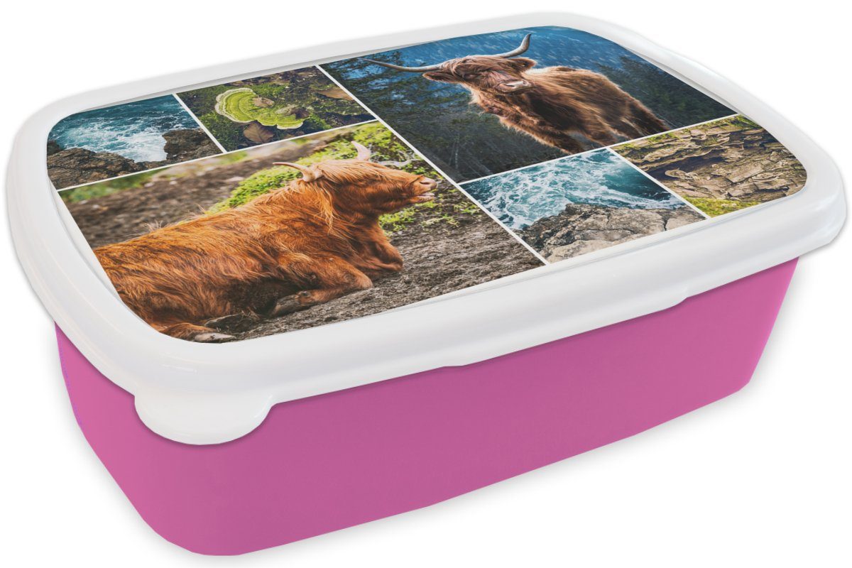 MuchoWow Lunchbox Schottischer Highlander - - Kunststoff rosa Brotbox Mädchen, Snackbox, für Erwachsene, Meer, (2-tlg), Kunststoff, Kinder, Berg Brotdose