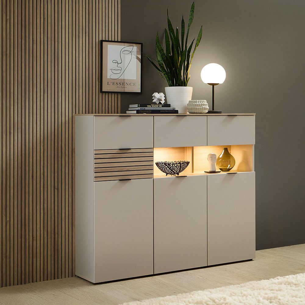 Lomadox Highboard ISCHIA-36, inkl. LED Beleuchtung, Beige mit Eiche, 125 cm breit, Softclose