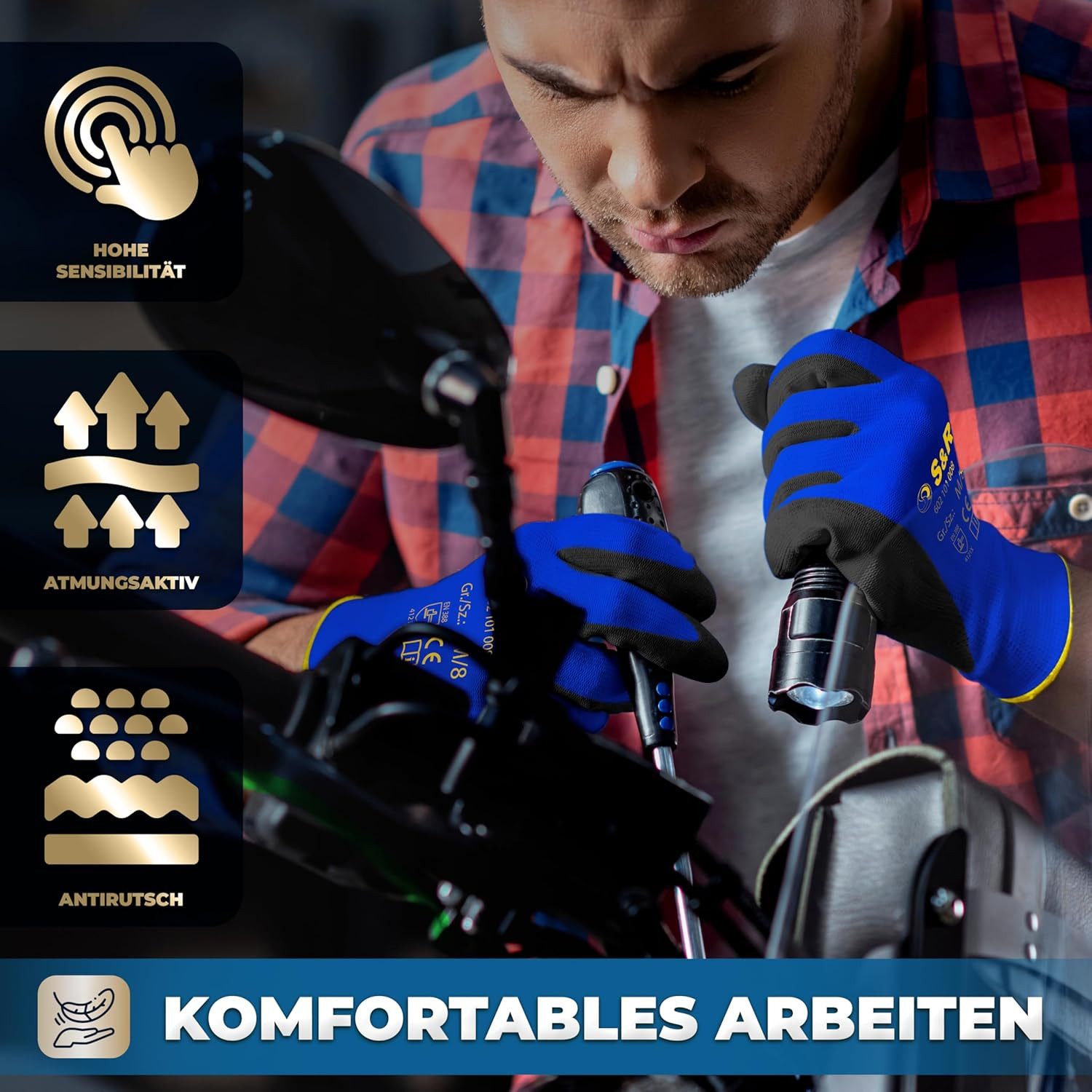 S&R Arbeitshandschuhe aus Polyesterfaser mit Polyurethanbeschichtung, flexible, Gr. M / 8 (Set, 24-St., 12 Paar M / 8) geprüfte Schutzhandschuhe, für den privaten und gewerblichen Gebrauch