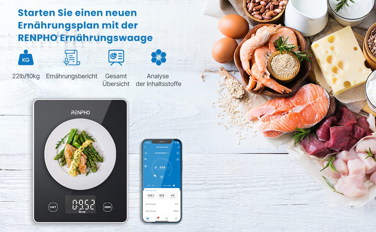 RENPHO Küchenwaage Calibra 1L Smart Nutrition Scale T001, Smarte Küchenwaage für präzise Ernährungstracking & Zielerreichung