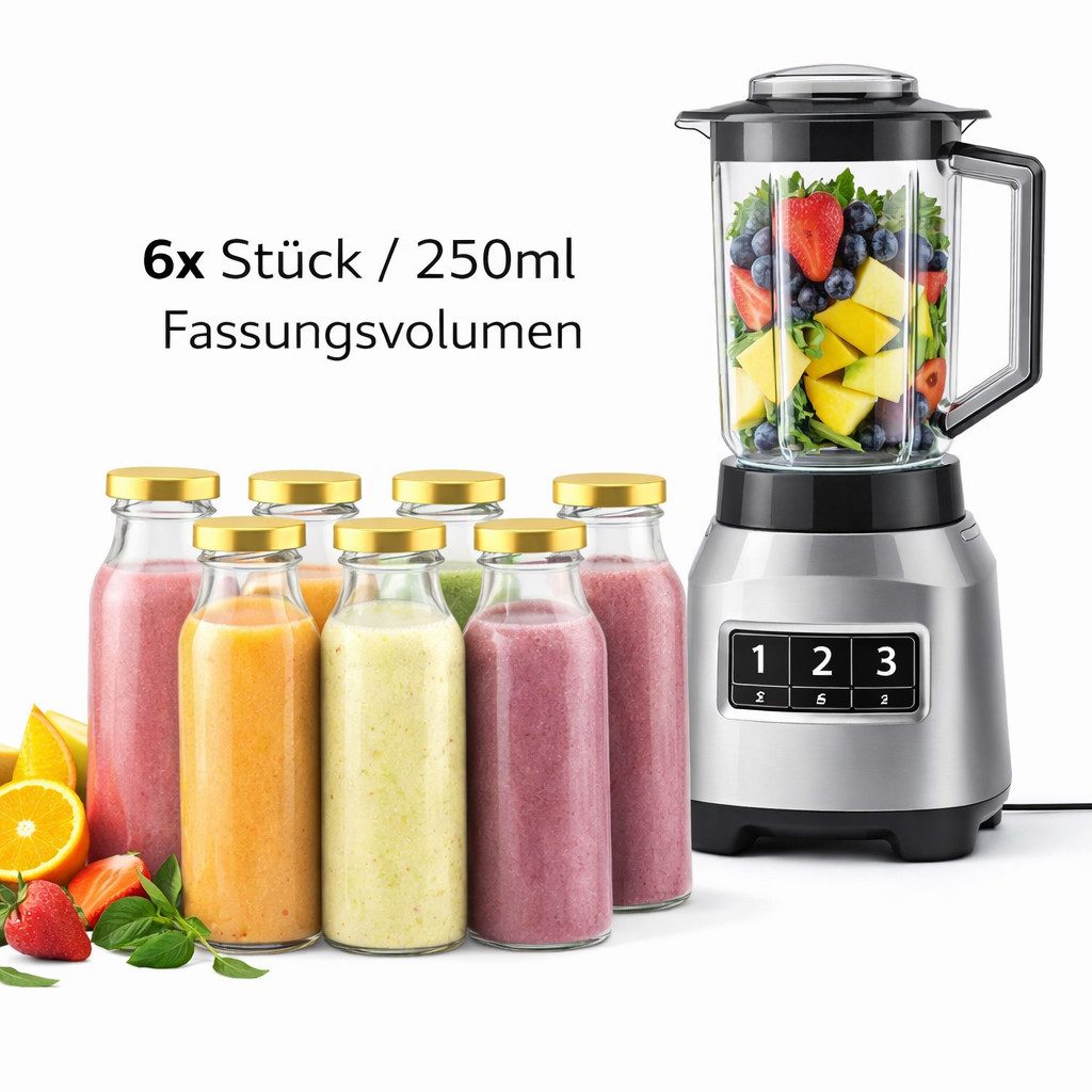 Trinkflasche 6'er Set Glasflaschen Saftflasche Smoothie Flasche Deckel