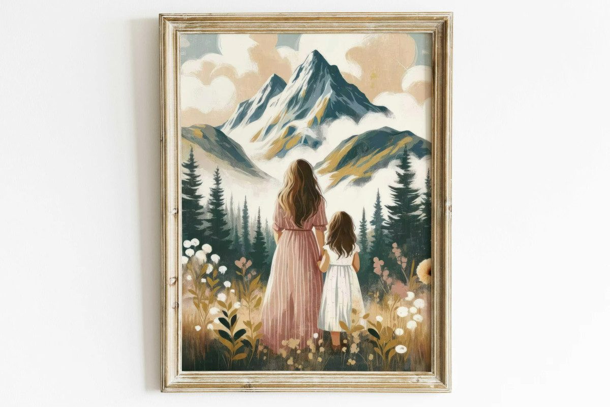 TPFLiving Kunstdruck (OHNE RAHMEN) Poster - Leinwand - Wandbild, Mutter und Kind Wandkunst Home Decor Leinwand Malerei (Leinwandbild XXL), Farben: Braun, Grau, Schwarz, Weiß, Blau, Gelb -Größe: 20x30cm