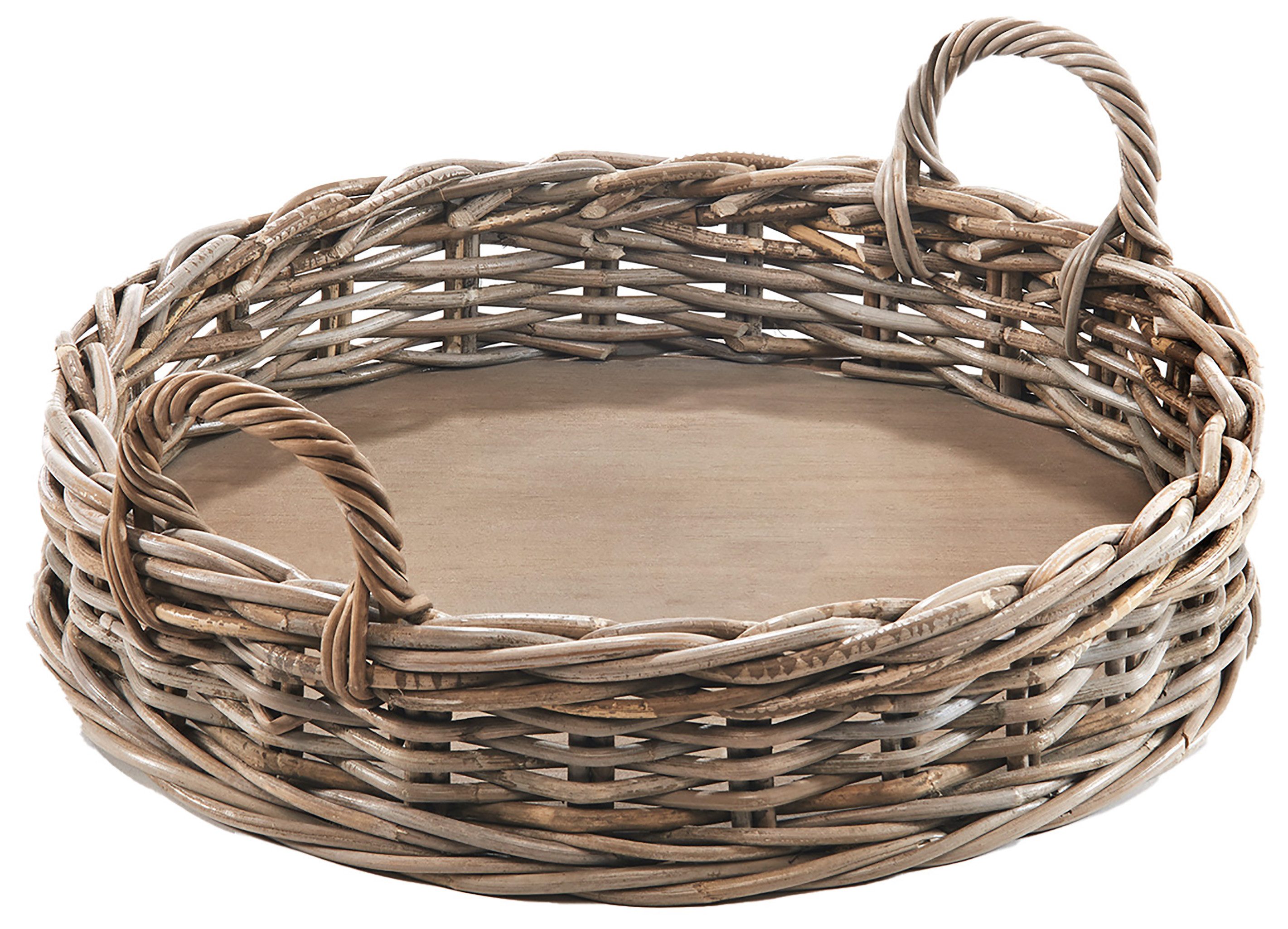 Kobolo Tablett Dekotablett Serviertablett aus Rattan kubu grey rund, Holzbrett Bettt, Holz, (Stück, 1-tlg., Stück), mit Holzboden - 48 cm Dm.
