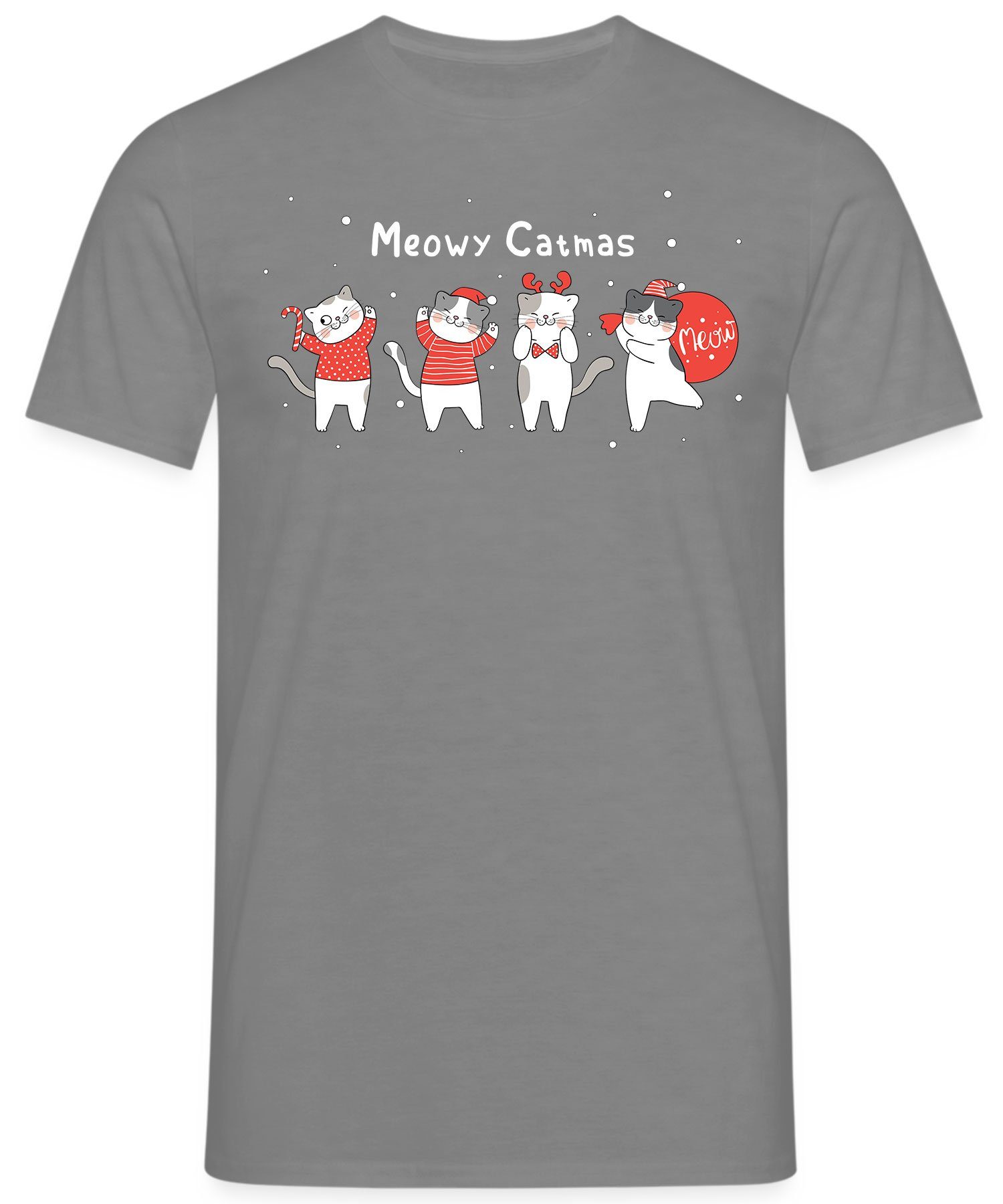 T-Shirt Christmas (1-tlg) - X-mas Katze Quattro Meow Herren Weihnachten Heather Grau Formatee Kurzarmshirt