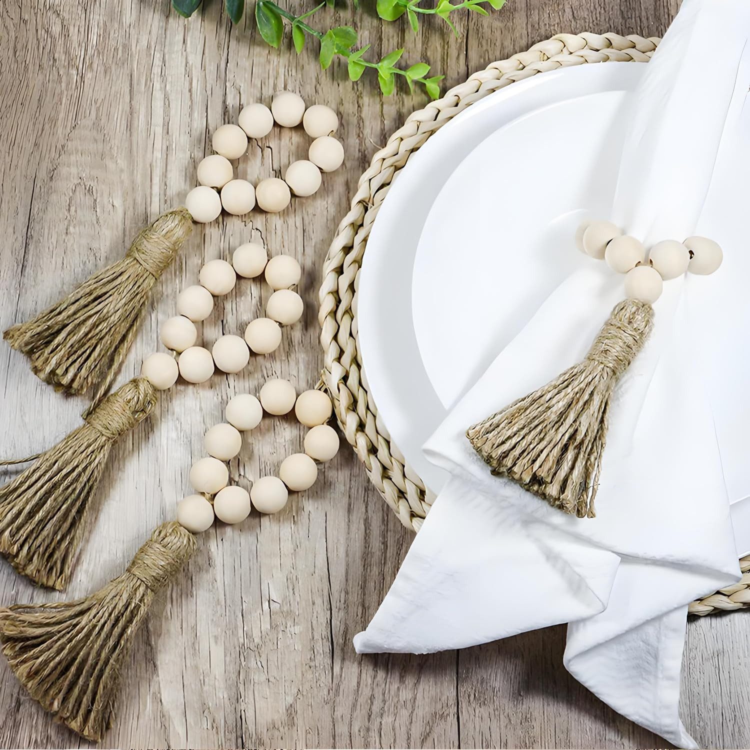 FELIXLEO Serviettenring 12x Holzperlen Serviettenringe Boho Jute Deko, (1-tlg) – Bild 4 von 5