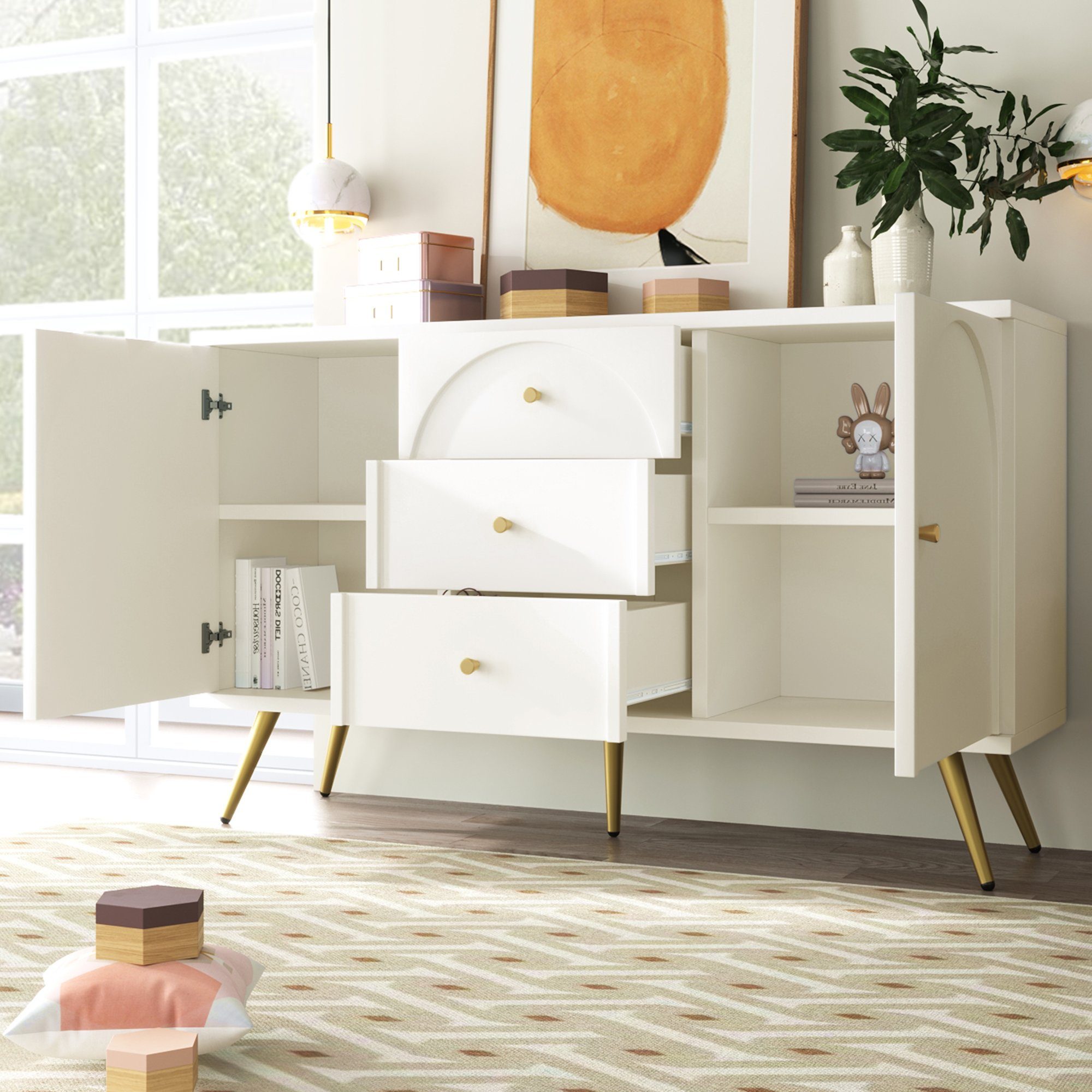 Flieks Kommode, Sideboard Schubladenkommode mit 2 Türen und 3 Schubladen 140x40x84cm