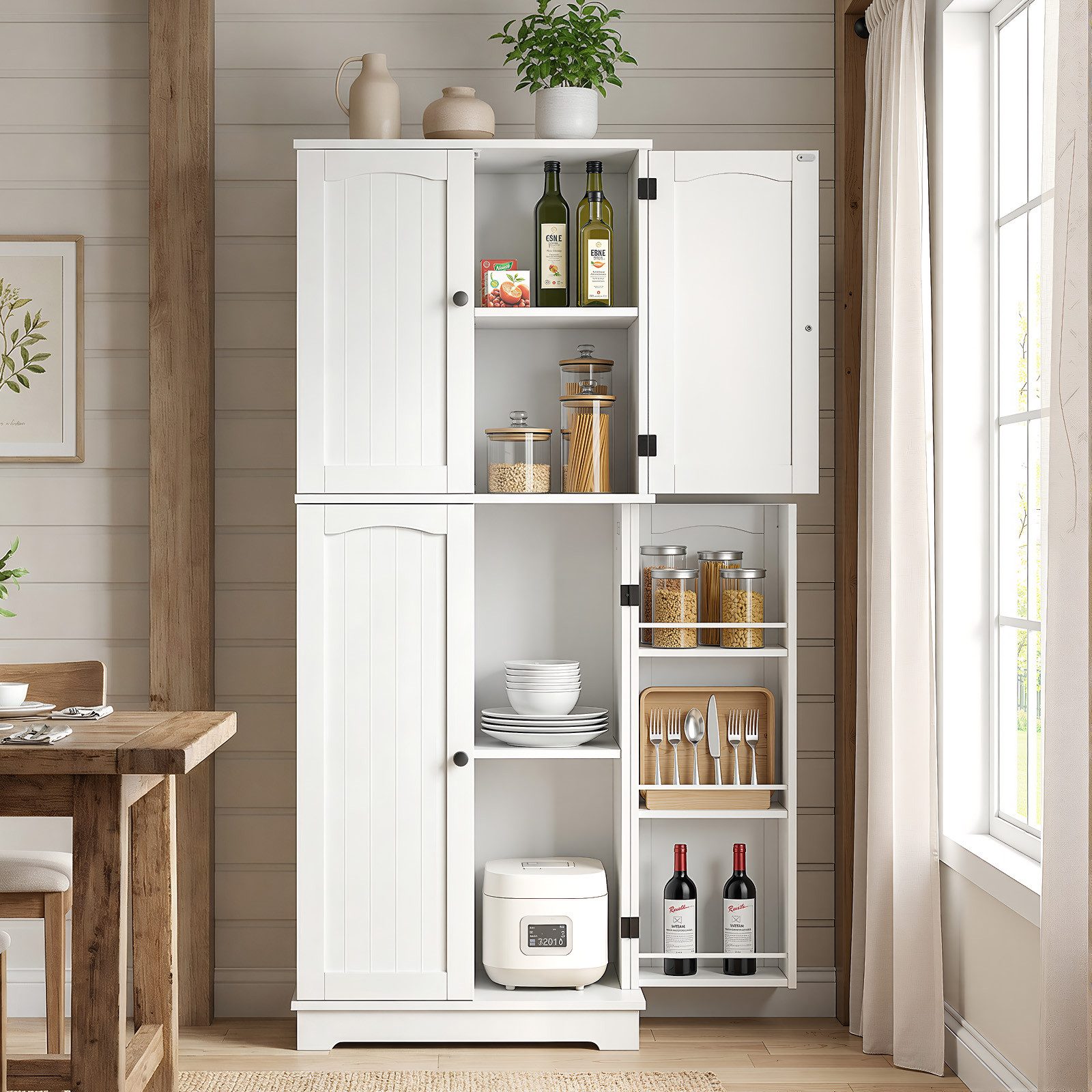 oyajia Mehrzweckschrank mit 4 Türen,Hochschrank Buffetschrank mit verstellbarem Einlegeboden (Küchenschrank, 2 verstellbare Ablagen, 6 Türfächer) für Küche Wohnzimmer Badezimmer,150CM