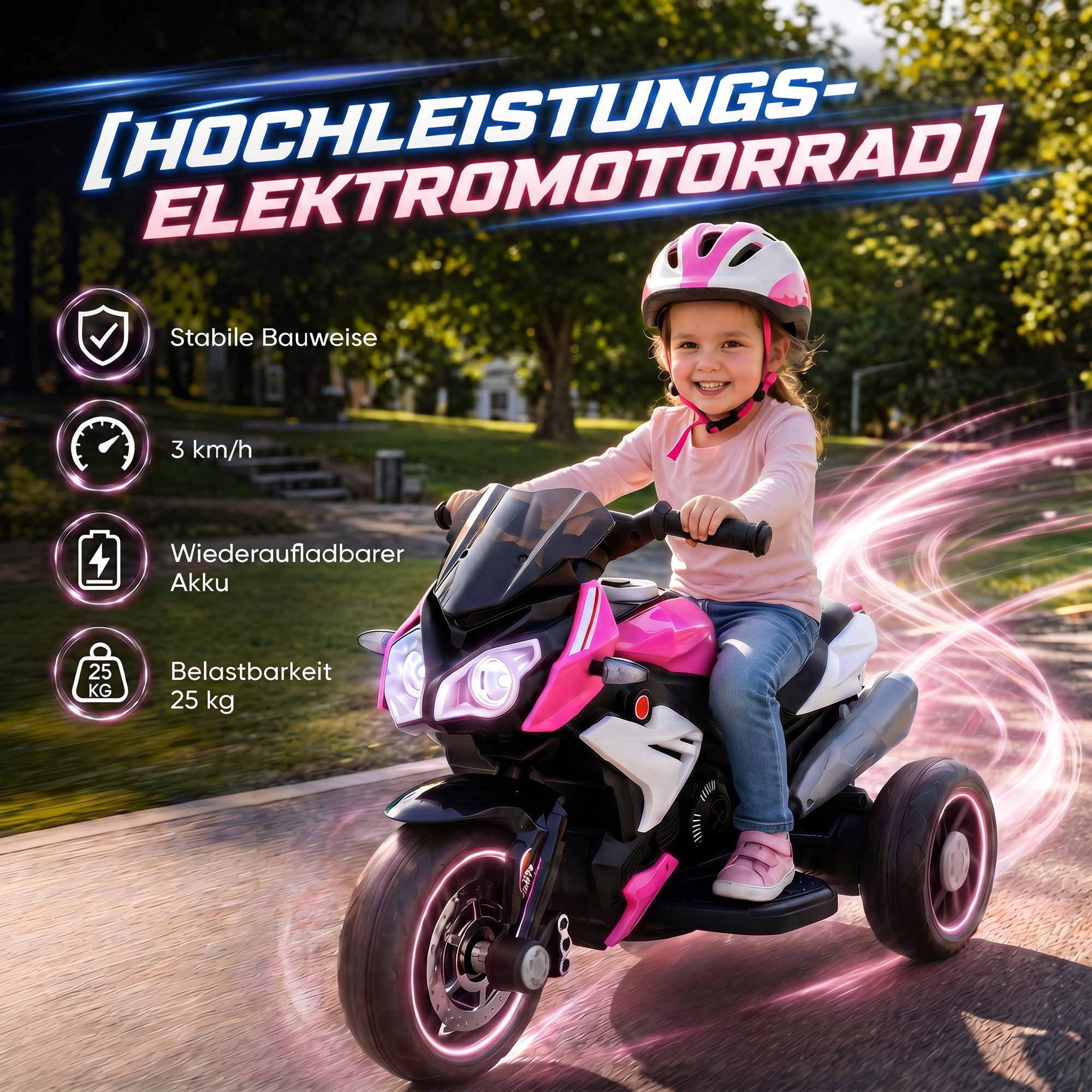 HOMCOM Elektro-Kindermotorrad mit Musik, Scheinwerfer, 25W Motor, 3 km/h, Belastbarkeit 25 kg, (1-tlg), für Kinder von 3-5 Jahren, Rosa+Weiß – Bild 4 von 5