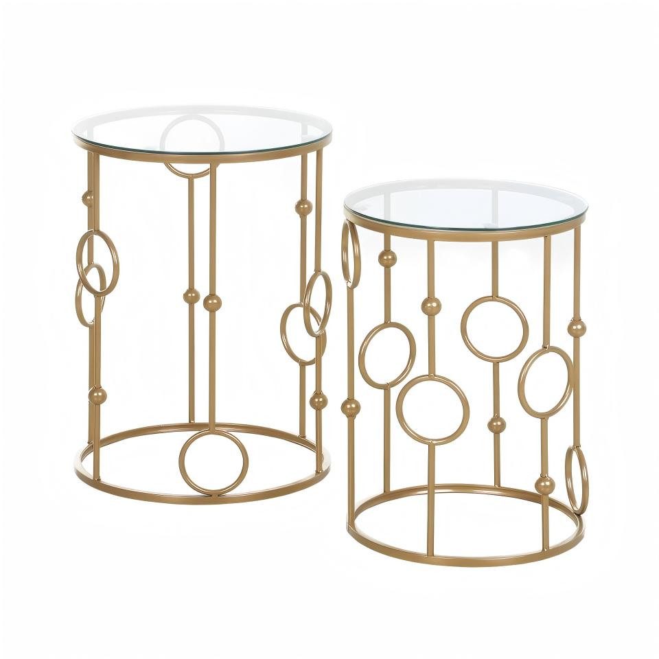 Couchtisch 2er-Set Couchtisch, Beistelltisch mit Glasplatte, Ø41 x 57 cm, Gold