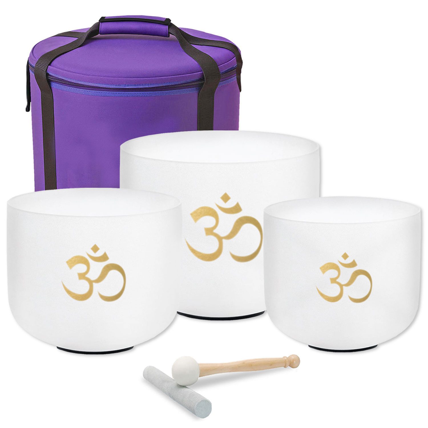 keepdrum Klangschalen keepdrum Klangschalen-Set OM Weiss 3-Chakren Set mit Zubehör,Klangschalen, 3-teiliges Quarz-Klangschalen Set
