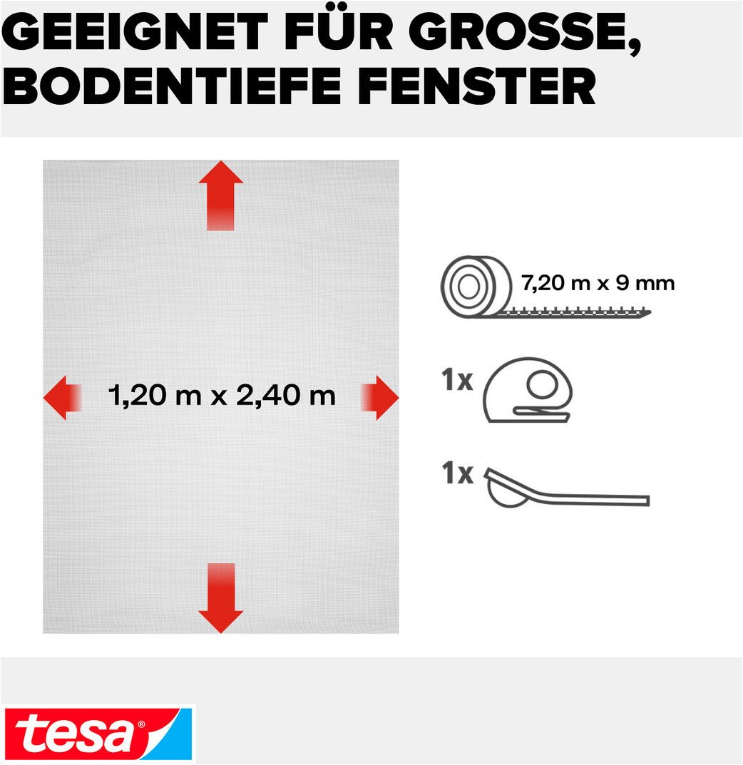 tesa Fliegengitter-Gewebe Insect Stop Comfort für bodentiefe Fenster - 120x240 cm, (Packung, 1-St., mit Klettband, Andrück und Schneidehilfe), Insektenschutzgitter - ohne Bohren - zuschneidbar