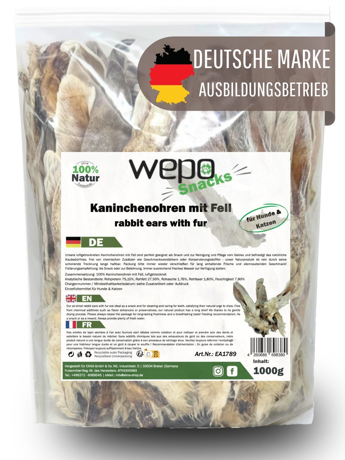 WEPO Kaninchenohren mit Fell - Hasenohren - Hunde Leckerli, Premium BARF-Snack!