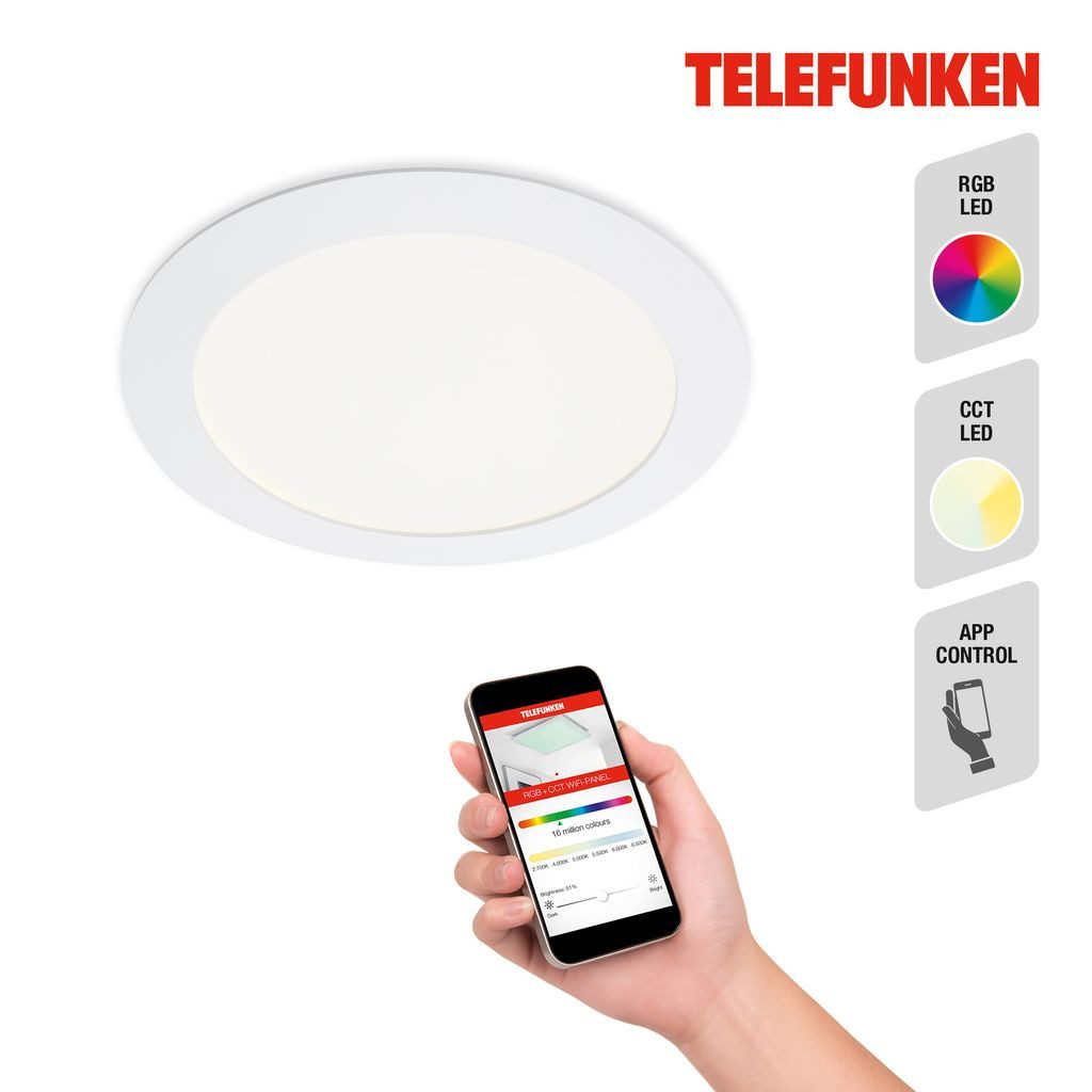 Telefunken LED Einbaustrahler 309406TF, Dimmfunktion, LED fest integriert, 2700K - Extra-Warmweiß, WiFi RGB Beleuchtung CCT Aufbauleuchte 12W 1200lm Ø 17cm