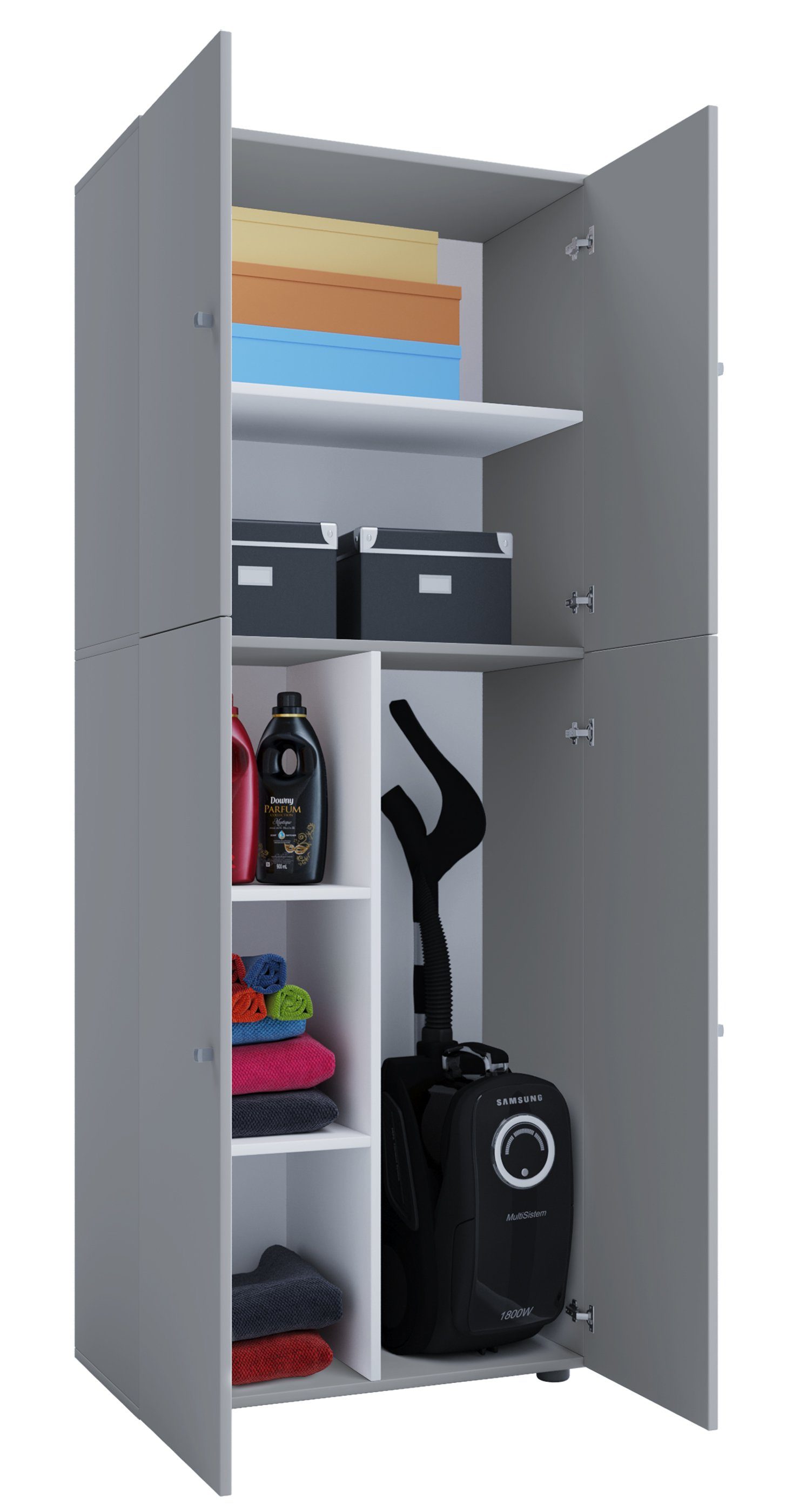 VCM Mehrzweckschrank Haushaltsschrank Lona B. 70 x H. 184 x T. 40 cm Holz Besenschrank, 6 Fächer, 4 Drehtüren