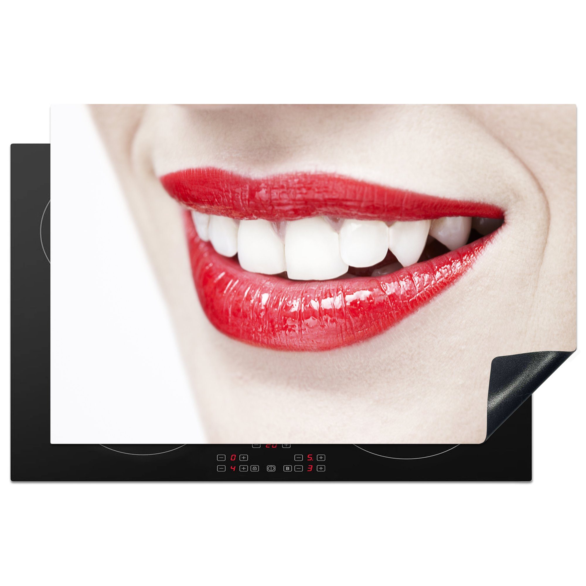 MuchoWow Herdblende-/Abdeckplatte Ein Bild mit roten Lippen und weißen Zähnen, Vinyl, (1 tlg), 81x52 cm, Induktionskochfeld Schutz für die küche, Ceranfeldabdeckung