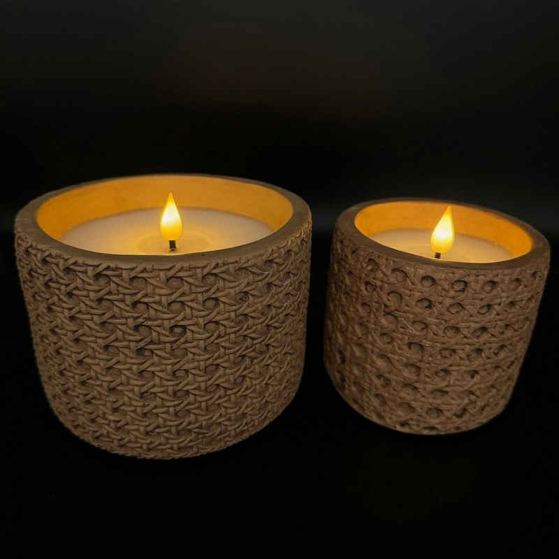 Online-Fuchs LED-Kerze 2 große LED Kerzen in Geflecht Optik aus Beton mit, realistischer Flamme und Timer im Set
