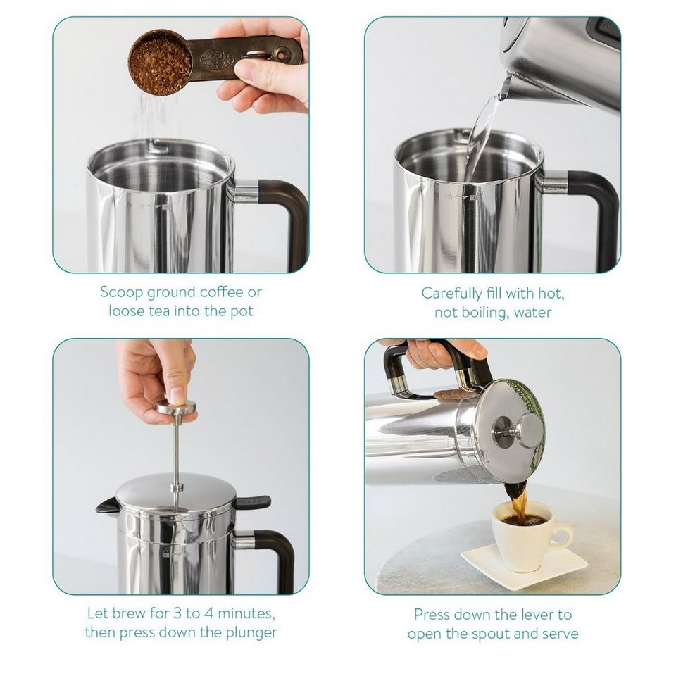 lang - Kanne, - 1l Kaffeekanne Press - Thermofunktion wird 80 Minuten Getränk Navaris French mit warmgehalten Kaffeepresse Edelstahl, bis verschließbar Kaffeemaschine spülmaschinenfest zu