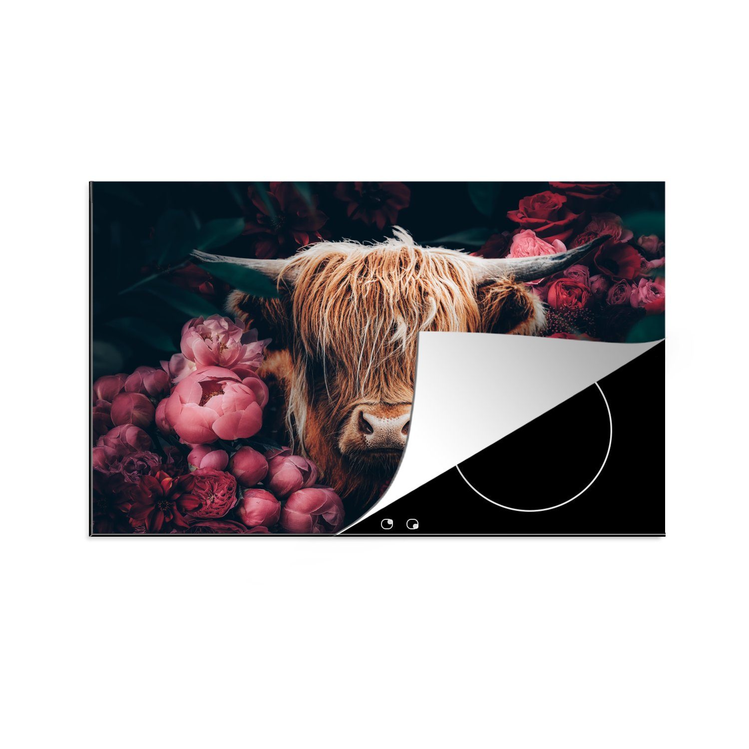 MuchoWow Herdblende-/Abdeckplatte Kuh - Schottischer Highlander - Blumen - Botanisch, Vinyl, (1 tlg), 80x52 cm, Induktionskochfeld Schutz für die küche, Ceranfeldabdeckung