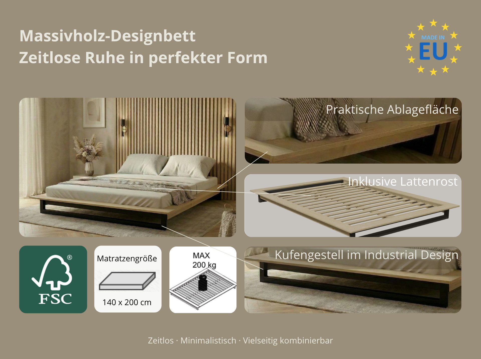 OTTO home Futonbett Kobe, Massivholzbett aus Kiefer im Industrial Design, 200 KG belastbar (Liegefläche 140x200cm), stabiles Kufengestell, rundum Ablagefläche, FSC, Made in Europe