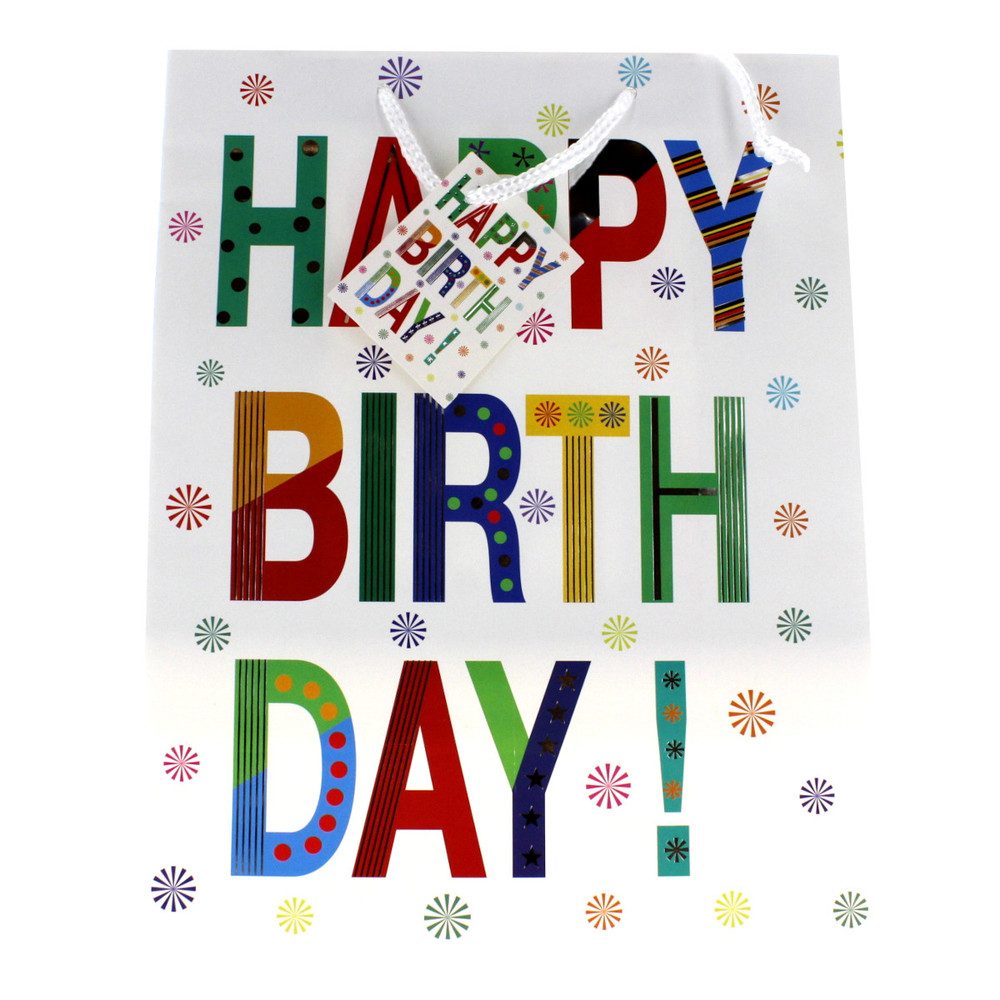 MICA Geschenkbox Geschenktasche - Happy Birthday - bunt/silber - ca. 26 x 12,5 x 32 cm