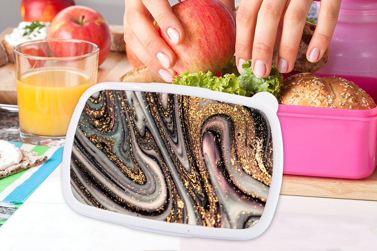 MuchoWow Lunchbox Marmoroptik - - - Brotbox (2-tlg), Weiß, - - für Erwachsene, Luxus Kunststoff, Mädchen, Kinder, Marmor Snackbox, Brotdose Kunststoff Glitter Gold rosa