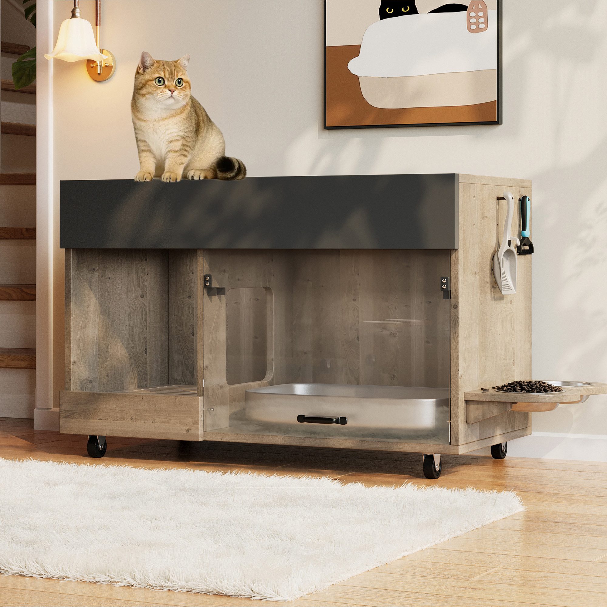 Flieks Mehrzweckschrank bewegbar Katzenkloschrank mit Futternäpfe und Sandauffangschale (100×45,5×67 cm, 1-St) Katzentoilettenschrank mit Rollen, Acryltür und Lochplatte Holzoptik