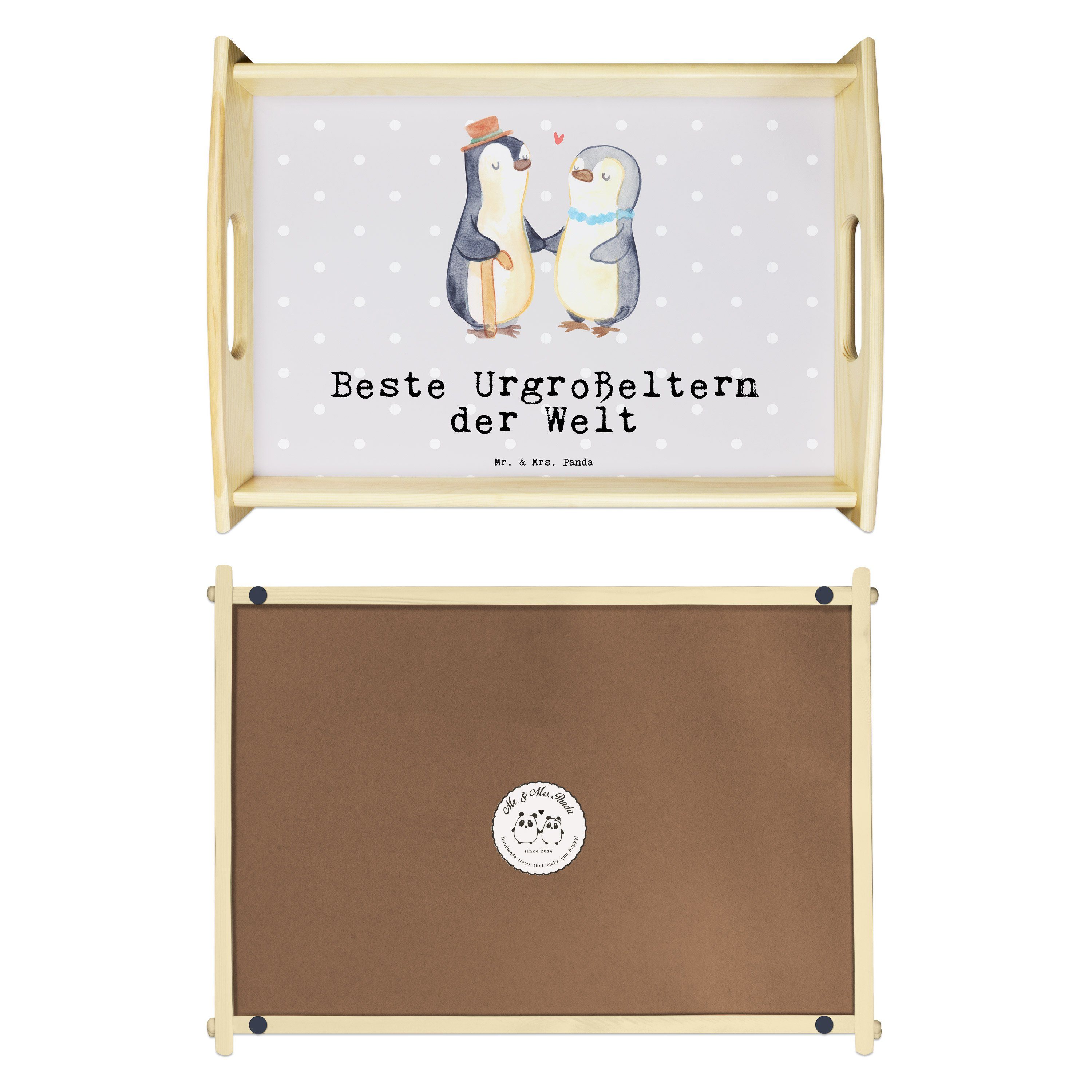 Mr. & Mrs. Panda Tablett - Urgroßeltern Pastell Geschenk, (1-tlg) - Bedank, Welt Beste lasiert, Pinguin Echtholz der Grau